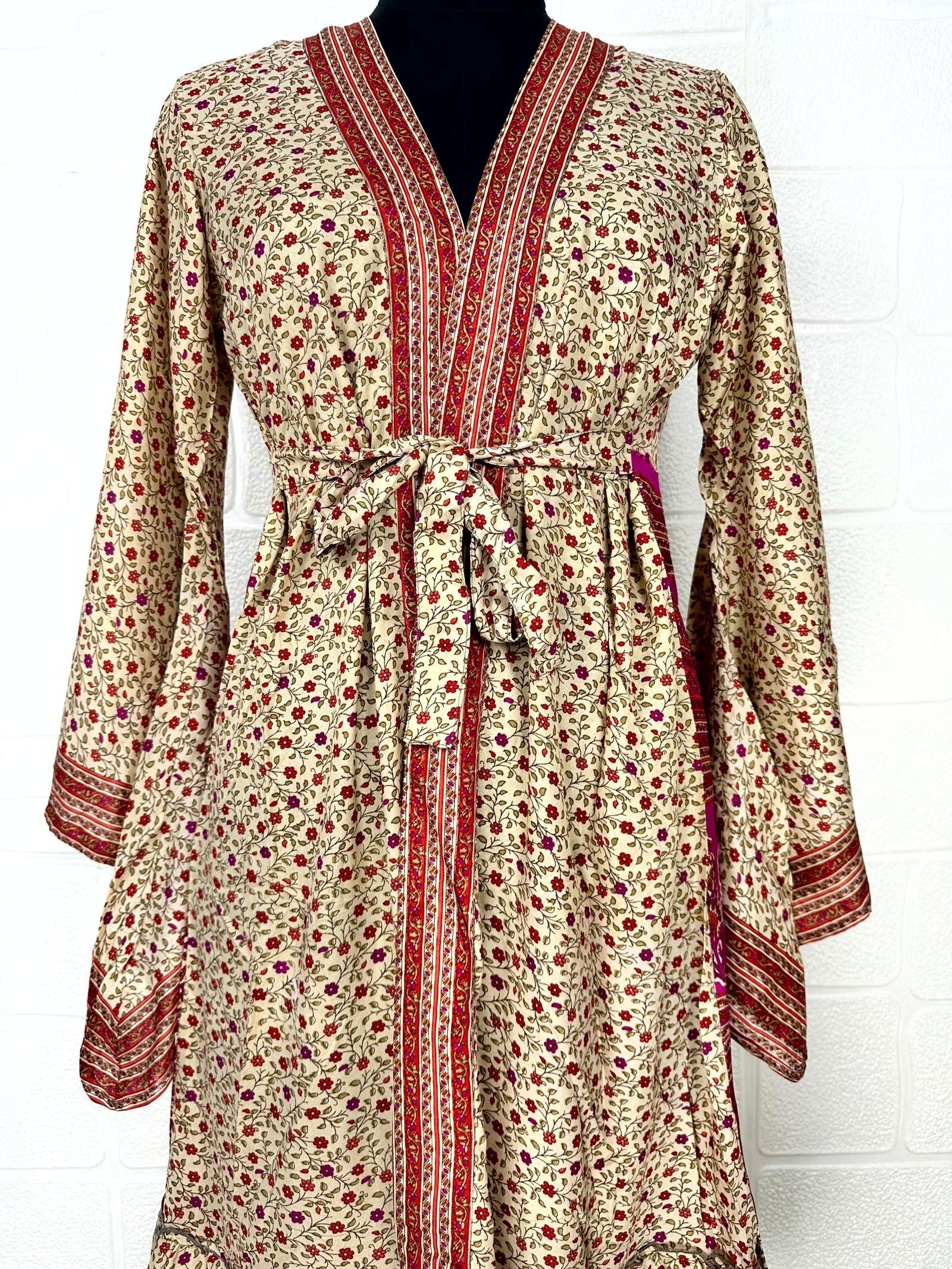 Recycle Boho House Robe Kimono Vintage Silk Sari Dressing Gown, Beach Coverup, Bridesmaid, Anniversary Gift Her | Floral Print Beige Red