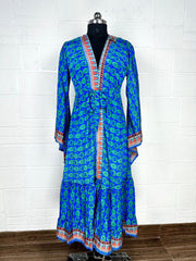 Recycle Boho House Robe Kimono Vintage Silk Sari Dressing Gown, Beach Coverup, Bridesmaid, Anniversary Gift Her | Floral Print Blue