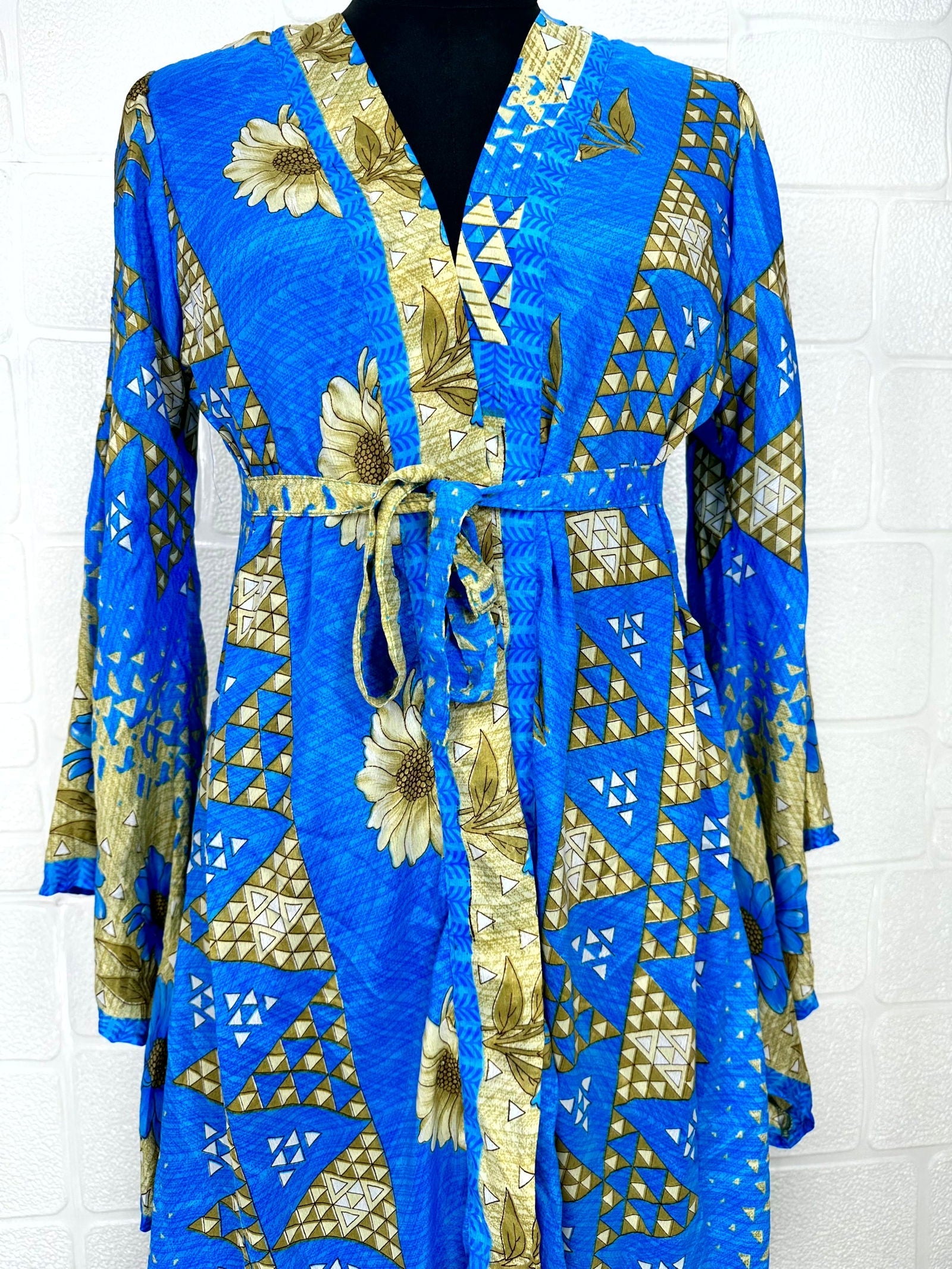 Recycle Boho House Robe Kimono Vintage Silk Sari Dressing Gown, Beach Coverup, Bridesmaid, Anniversary Gift Her | Floral Print Blue