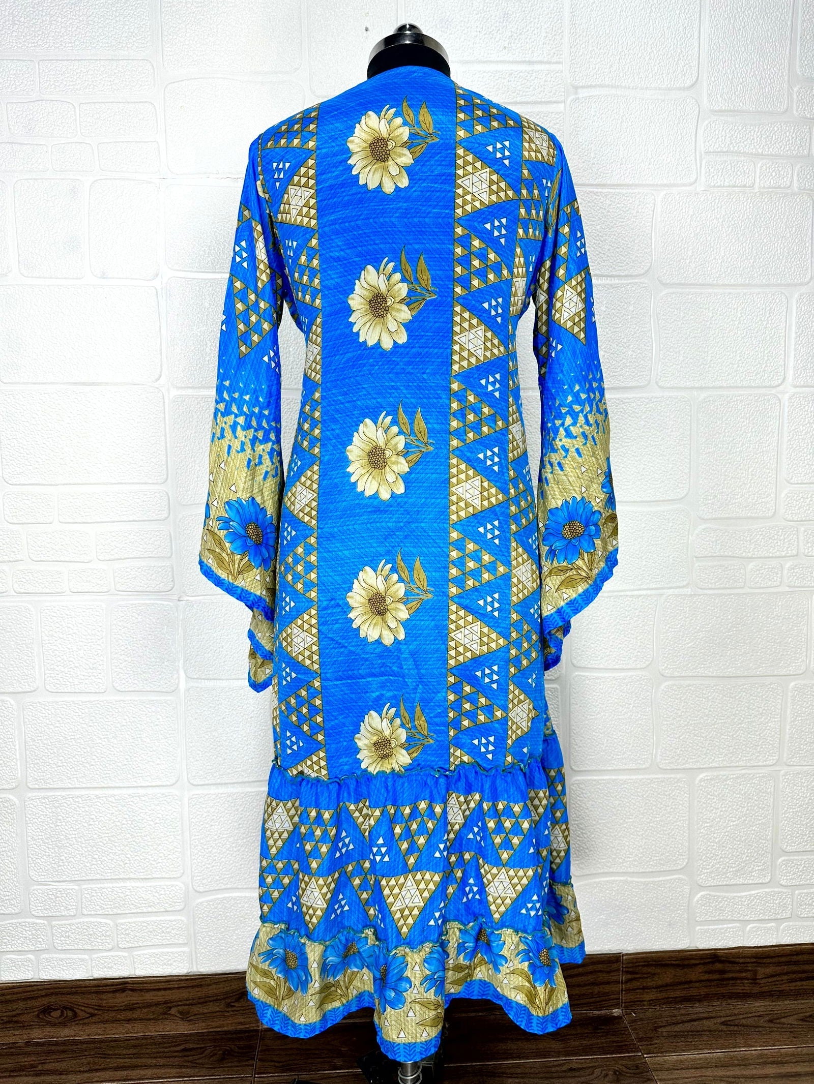 Recycle Boho House Robe Kimono Vintage Silk Sari Dressing Gown, Beach Coverup, Bridesmaid, Anniversary Gift Her | Floral Print Blue