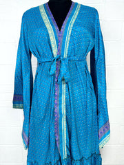 Recycle Boho House Robe Kimono Vintage Silk Sari Dressing Gown, Beach Coverup, Bridesmaid, Anniversary Gift Her | Floral Print Blue