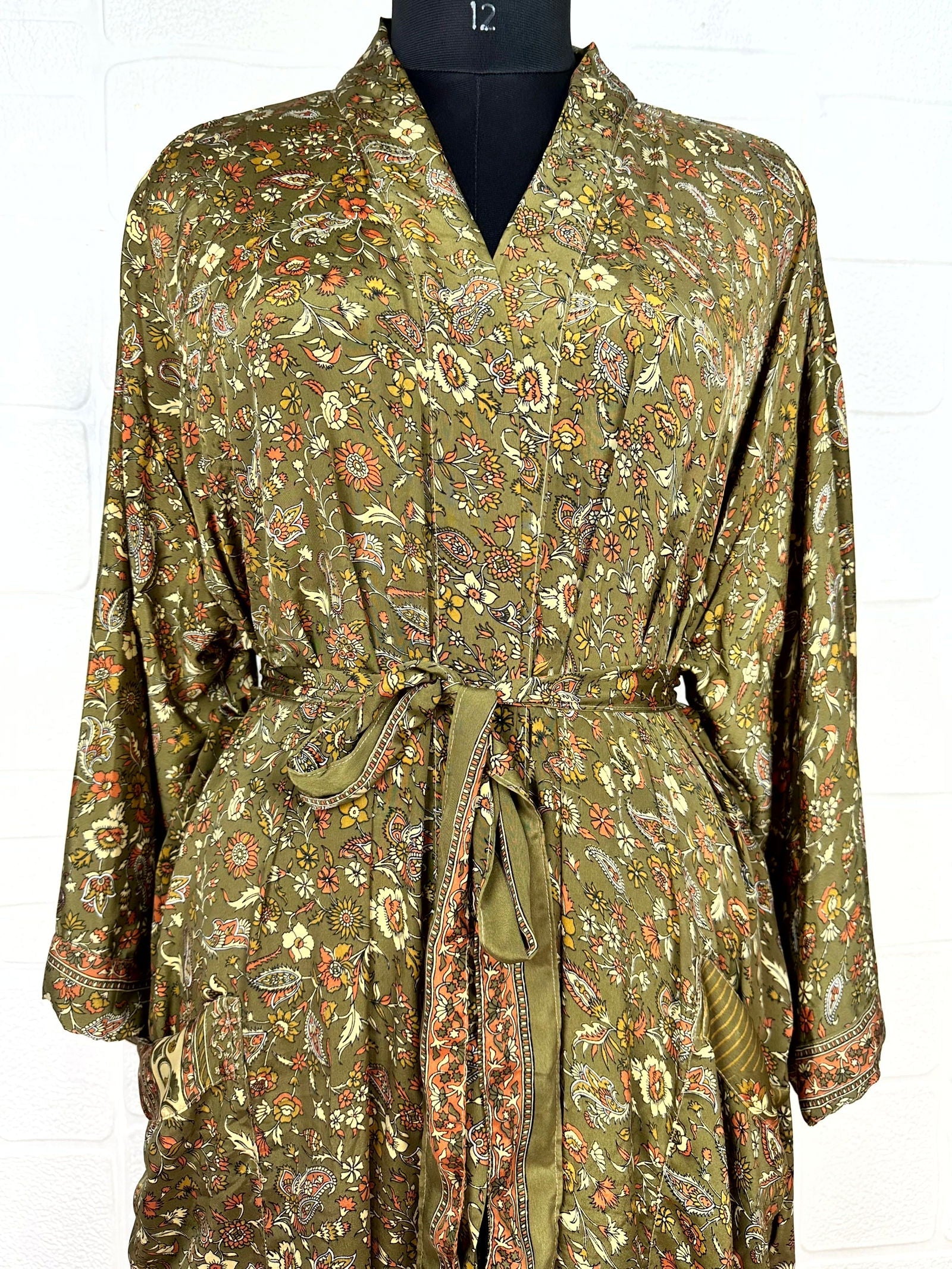 Recycle Boho House Robe Kimono Vintage Silk Sari Dressing Gown, Beach Coverup, Bridesmaid, Anniversary Gift Her | Floral Print Green