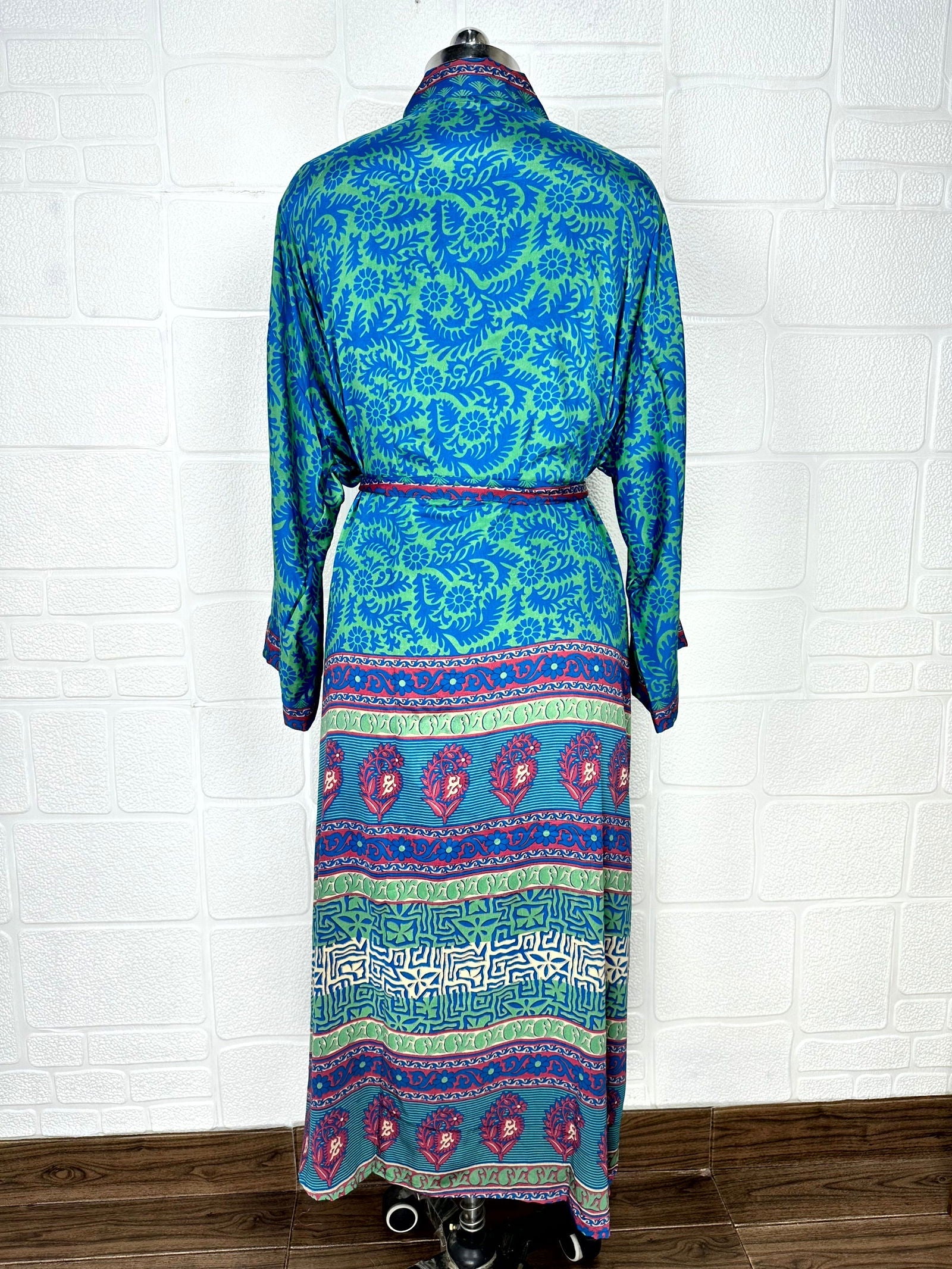Recycle Boho House Robe Kimono Vintage Silk Sari Dressing Gown, Beach Coverup, Bridesmaid, Anniversary Gift Her | Floral Print Green Blue
