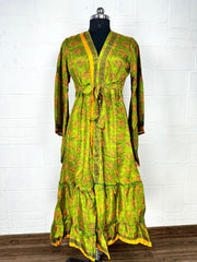 Recycle Boho House Robe Kimono Vintage Silk Sari Dressing Gown, Beach Coverup, Bridesmaid, Anniversary Gift Her | Floral Print Green Yellow