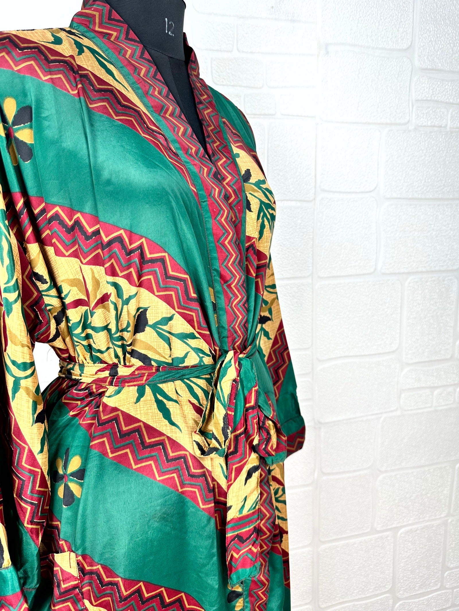 Recycle Boho House Robe Kimono Vintage Silk Sari Dressing Gown, Beach Coverup, Bridesmaid, Anniversary Gift Her | Floral Print Green Yellow