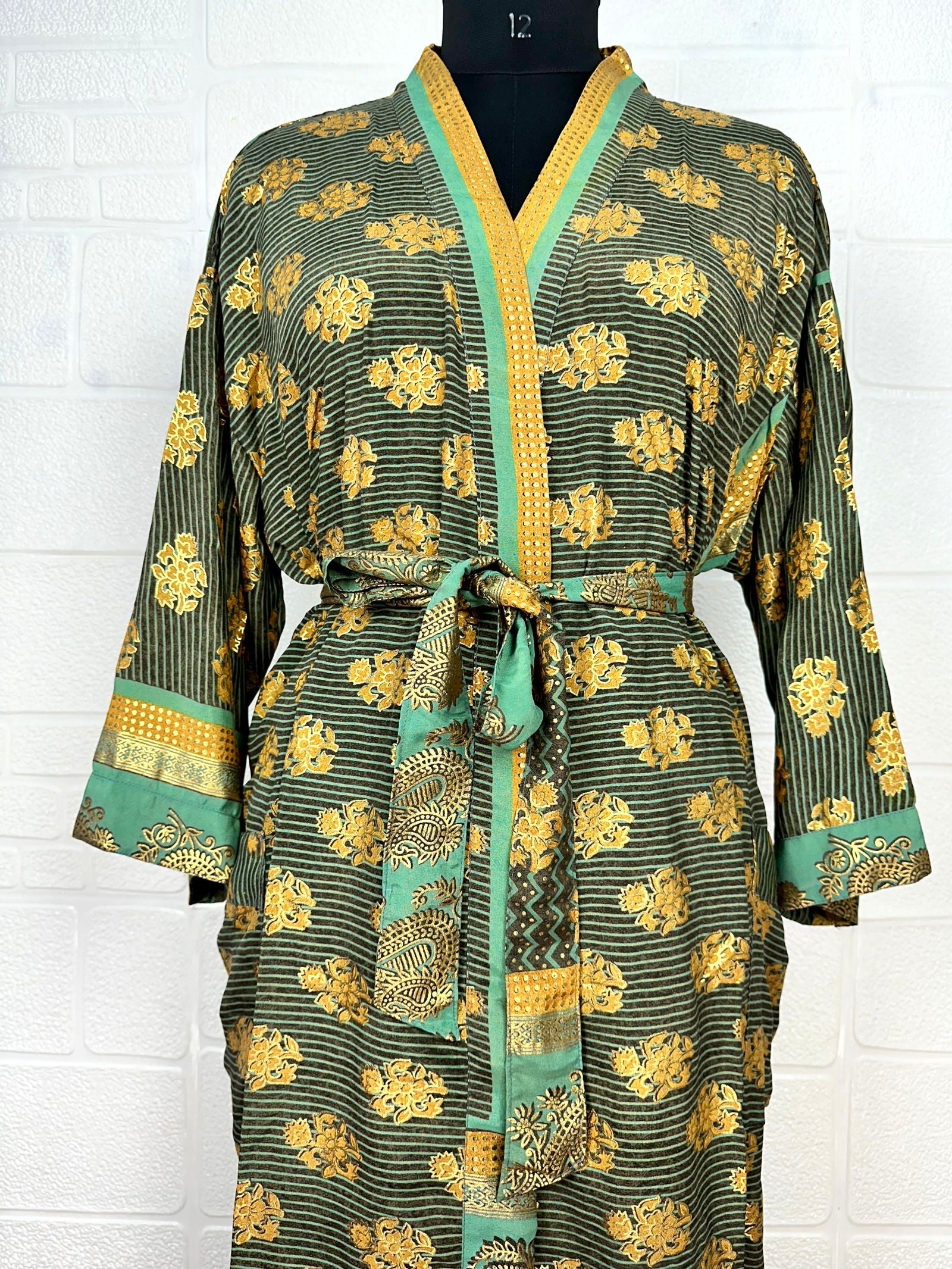 Recycle Boho House Robe Kimono Vintage Silk Sari Dressing Gown, Beach Coverup, Bridesmaid, Anniversary Gift Her | Floral Print Green Yellow