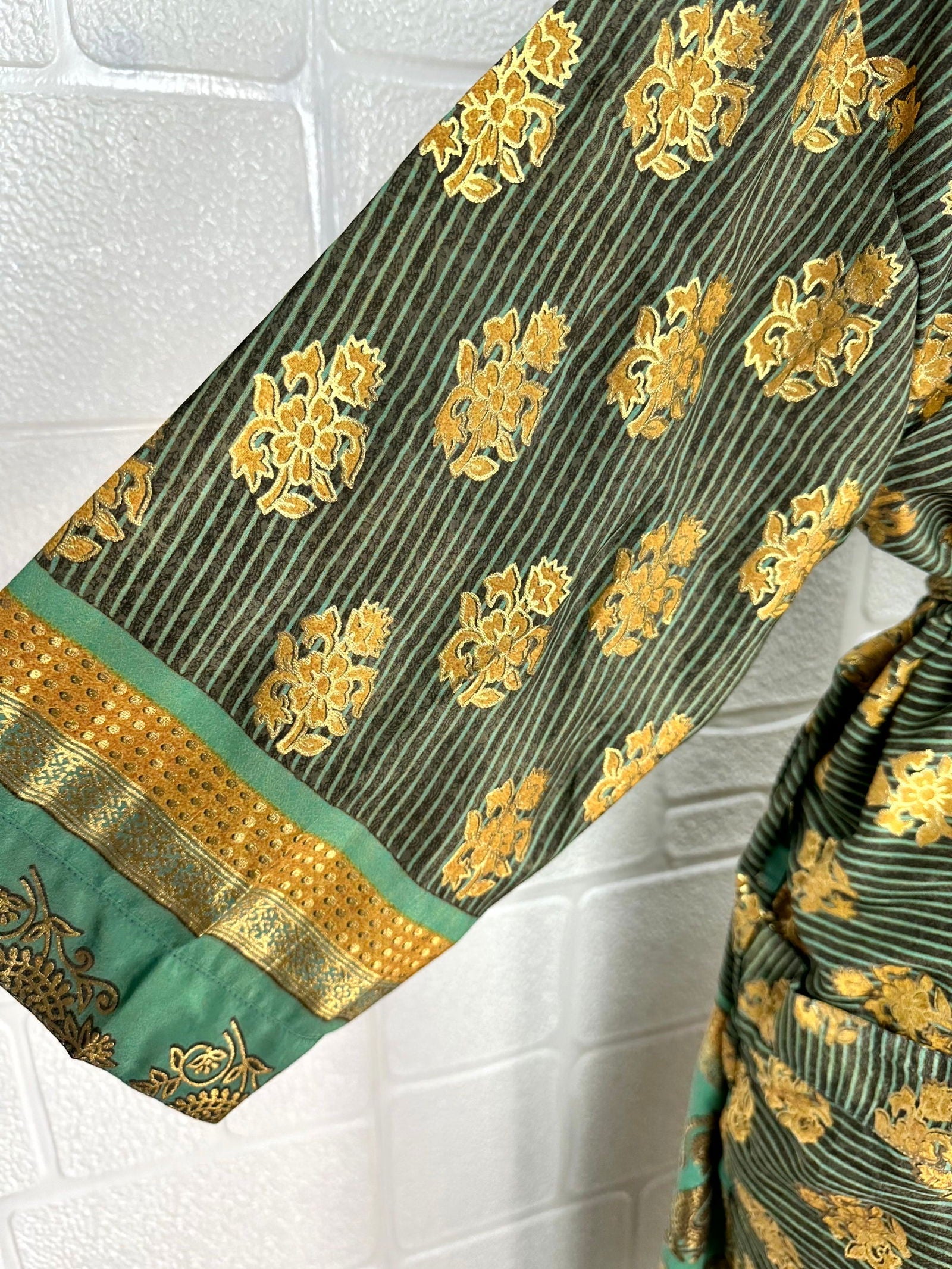 Recycle Boho House Robe Kimono Vintage Silk Sari Dressing Gown, Beach Coverup, Bridesmaid, Anniversary Gift Her | Floral Print Green Yellow