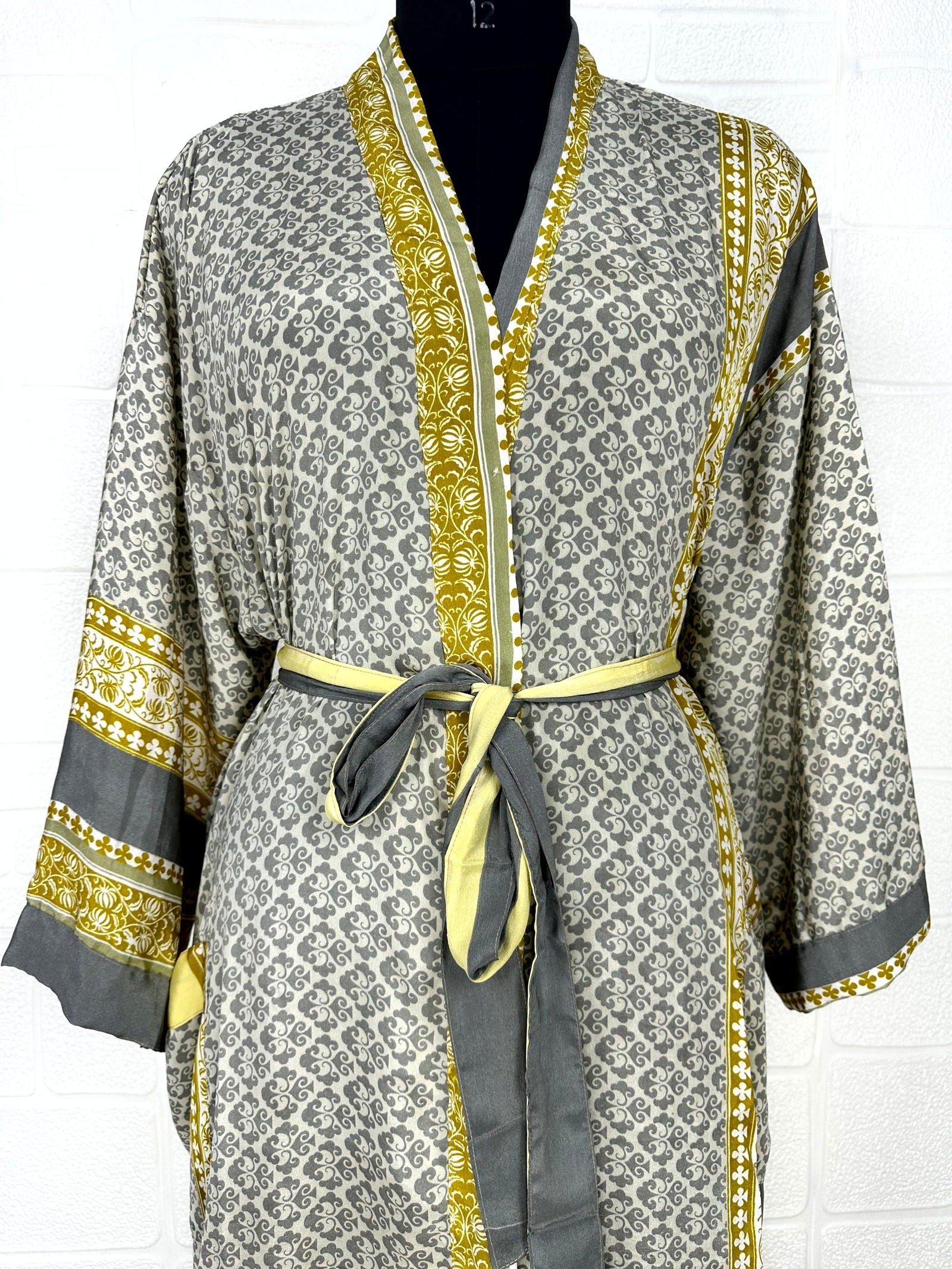 Recycle Boho House Robe Kimono Vintage Silk Sari Dressing Gown, Beach Coverup, Bridesmaid, Anniversary Gift Her | Floral Print Grey
