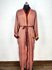 Recycle Boho House Robe Kimono Vintage Silk Sari Dressing Gown, Beach Coverup, Bridesmaid, Anniversary Gift Her | Floral Print Maroon