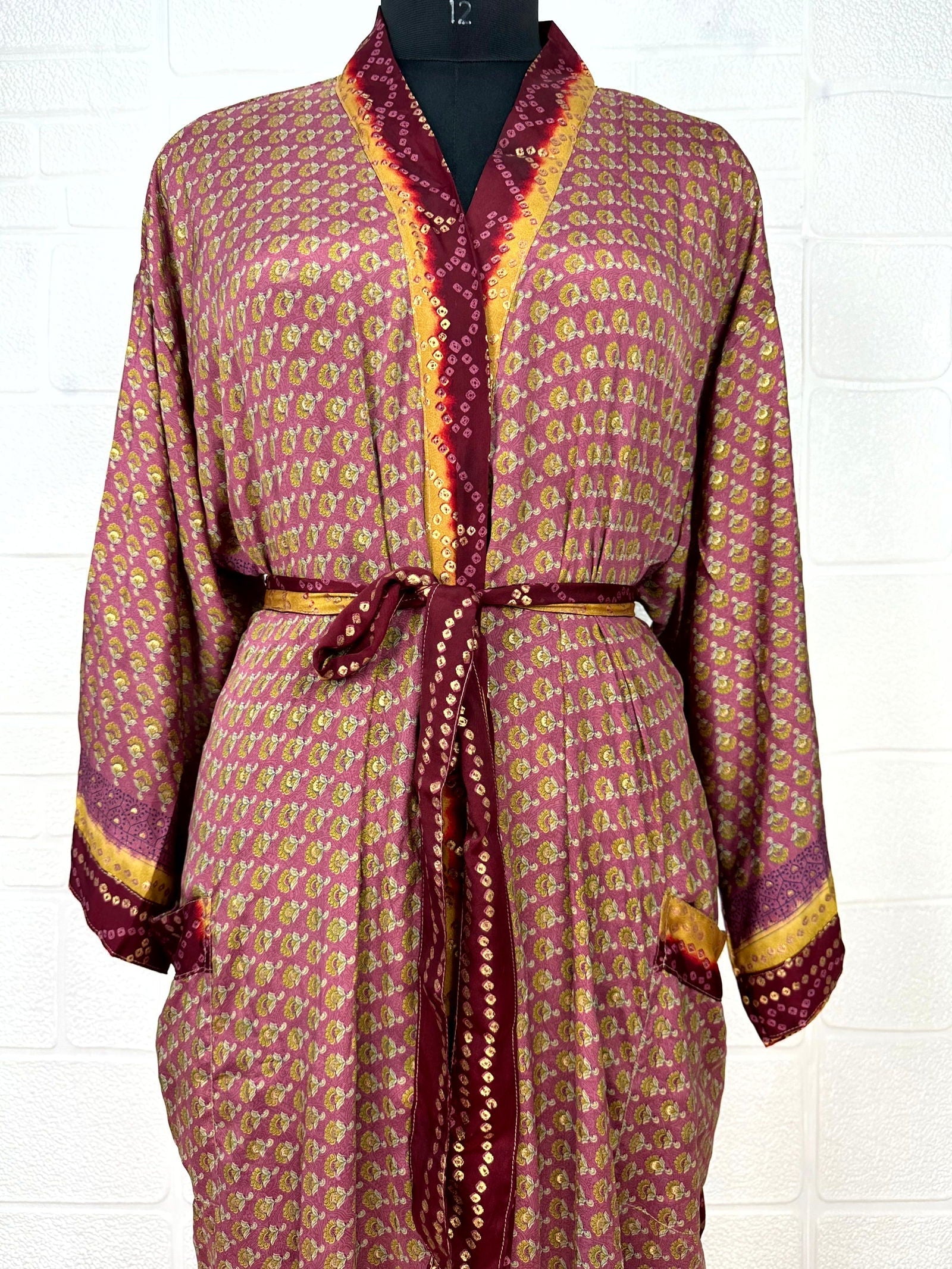 Recycle Boho House Robe Kimono Vintage Silk Sari Dressing Gown, Beach Coverup, Bridesmaid, Anniversary Gift Her | Floral Print Maroon