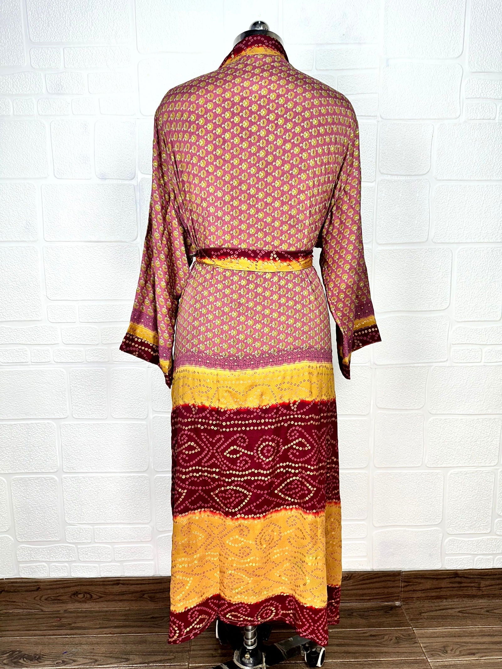 Recycle Boho House Robe Kimono Vintage Silk Sari Dressing Gown, Beach Coverup, Bridesmaid, Anniversary Gift Her | Floral Print Maroon