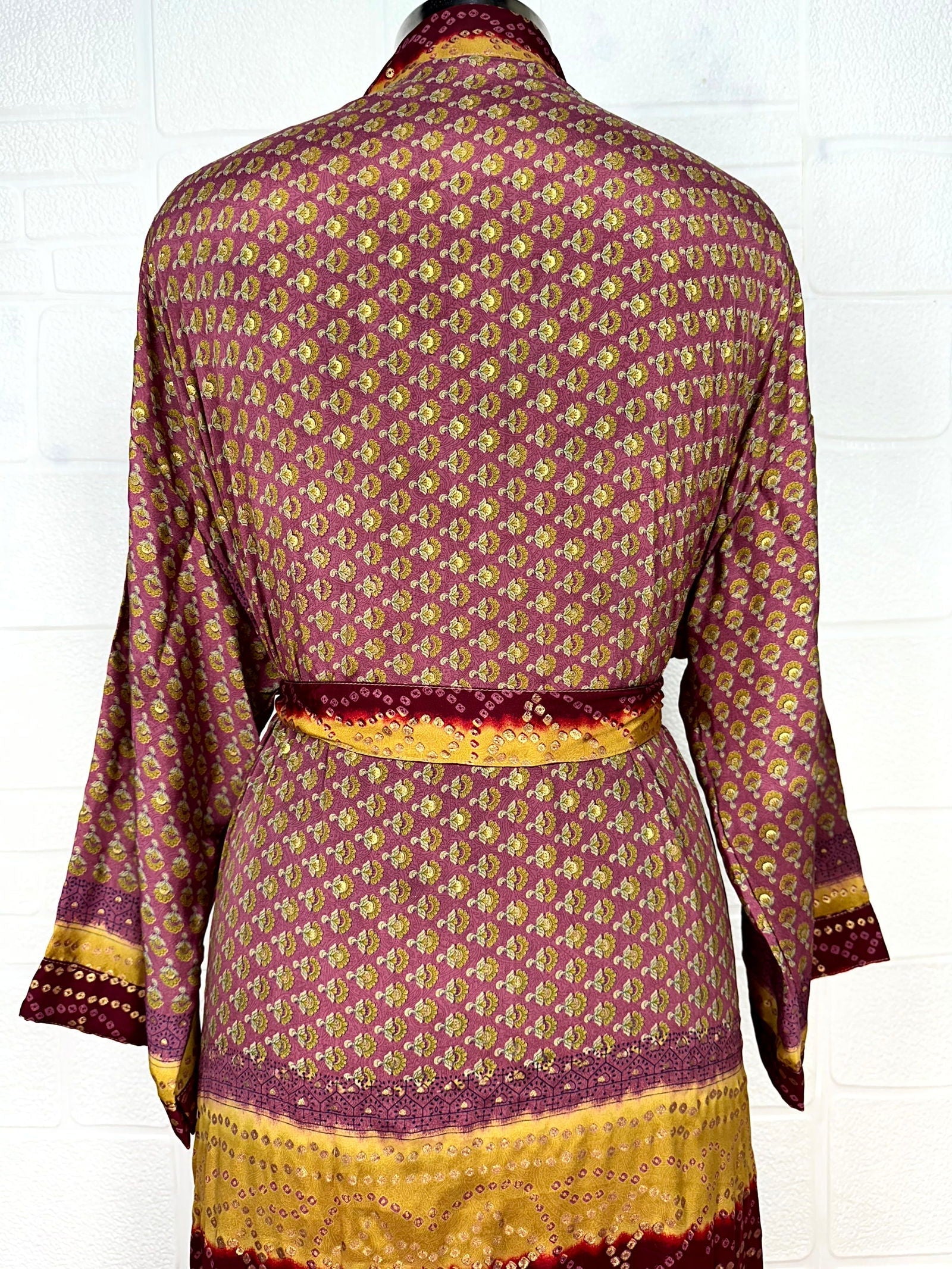 Recycle Boho House Robe Kimono Vintage Silk Sari Dressing Gown, Beach Coverup, Bridesmaid, Anniversary Gift Her | Floral Print Maroon