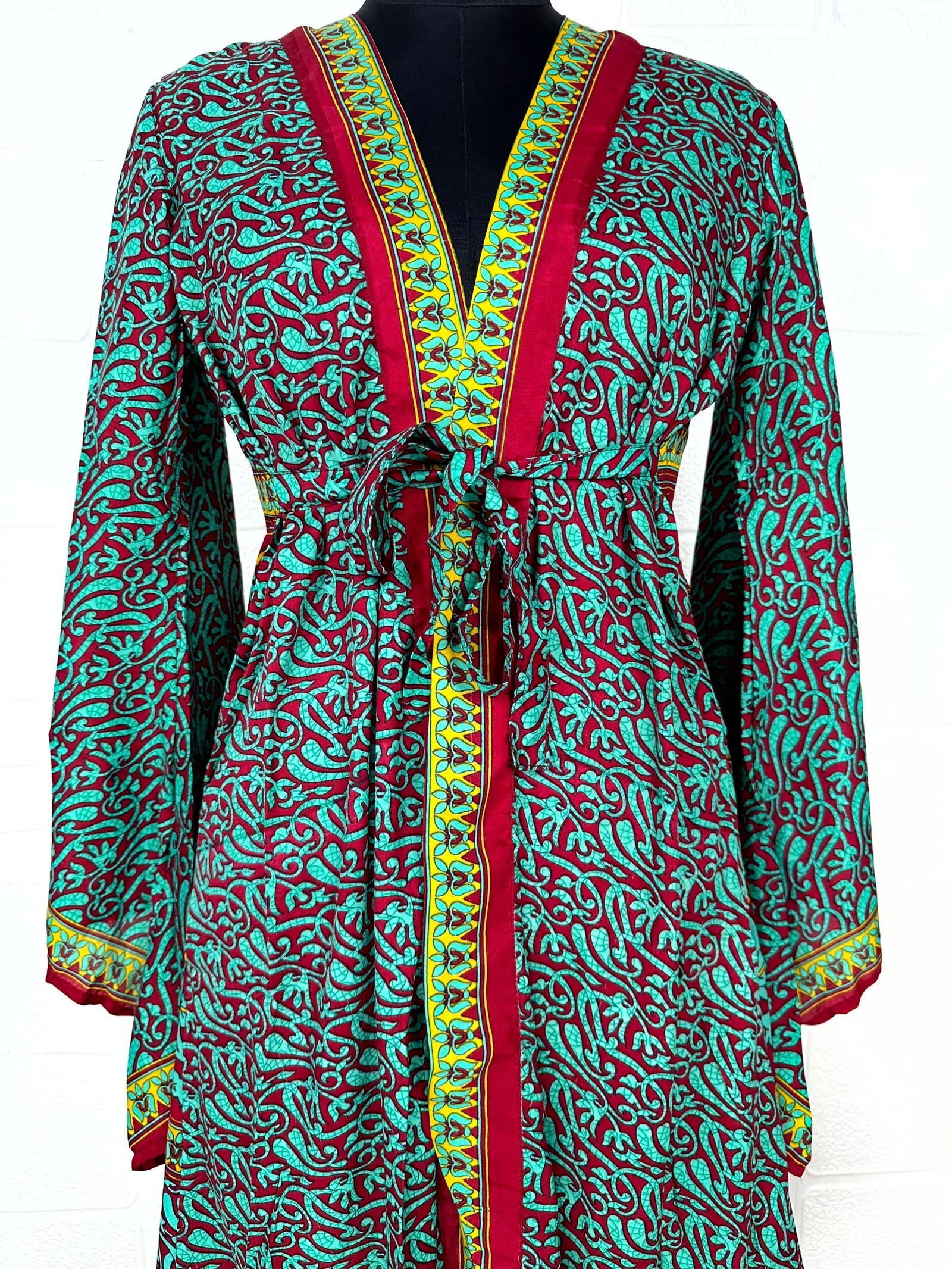 Recycle Boho House Robe Kimono Vintage Silk Sari Dressing Gown, Beach Coverup, Bridesmaid, Anniversary Gift Her | Floral Print Red Blue