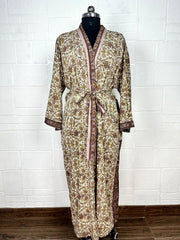 Recycle Boho House Robe Kimono Vintage Silk Sari Dressing Gown, Beach Coverup, Bridesmaid, Anniversary Gift Her | Floral Print White Brown