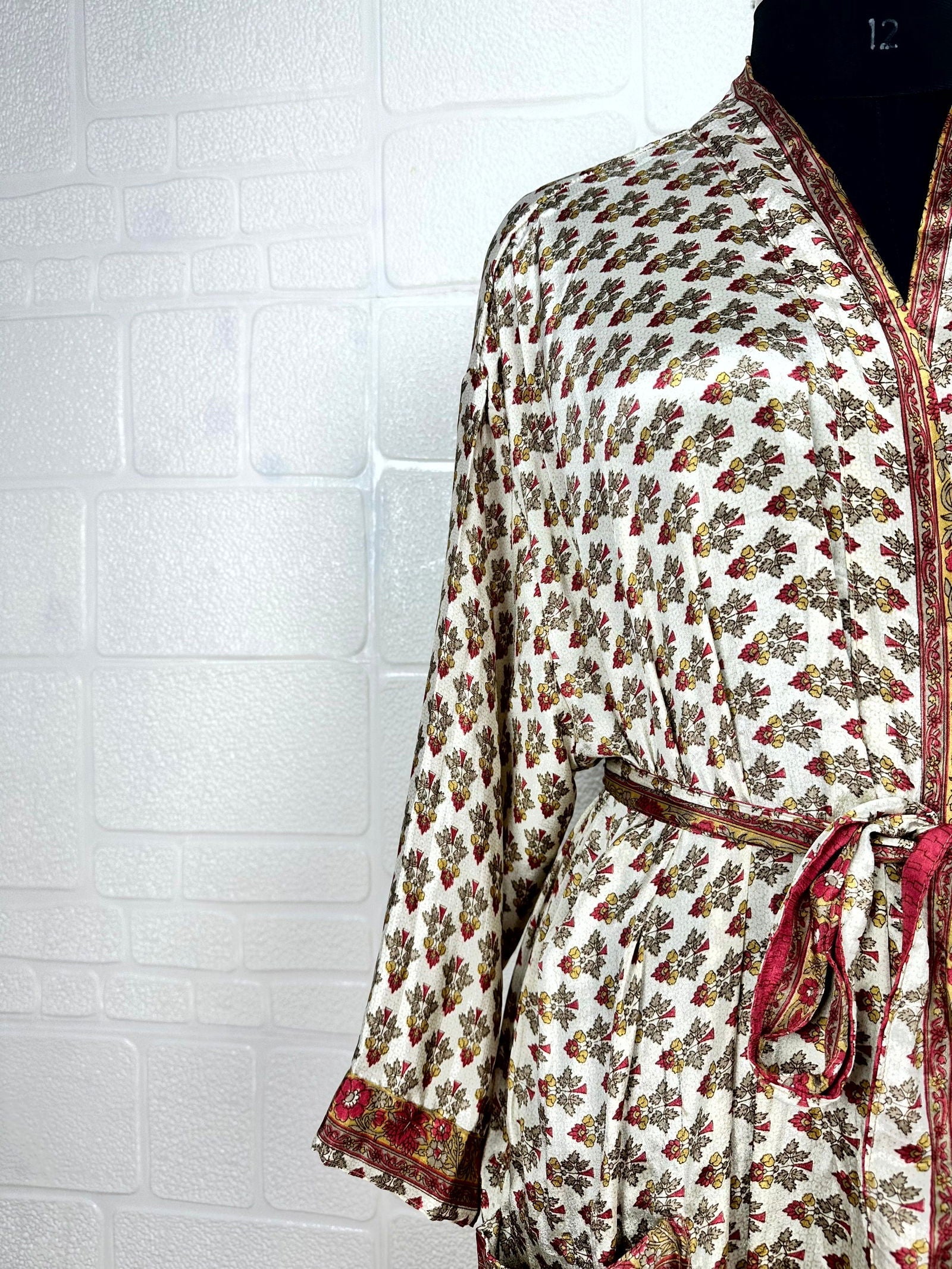 Recycle Boho House Robe Kimono Vintage Silk Sari Dressing Gown, Beach Coverup, Bridesmaid, Anniversary Gift Her | Floral Print white Red