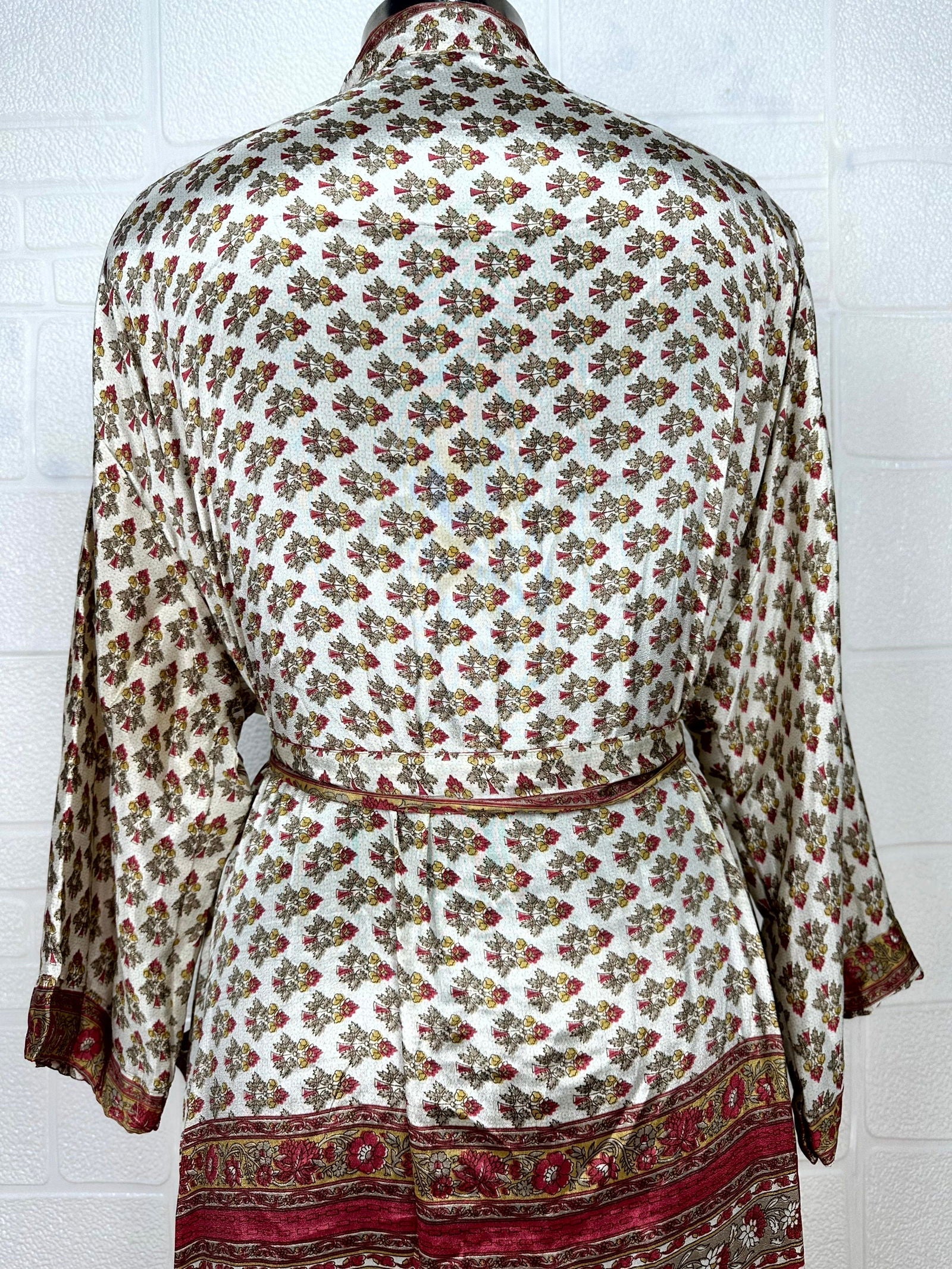 Recycle Boho House Robe Kimono Vintage Silk Sari Dressing Gown, Beach Coverup, Bridesmaid, Anniversary Gift Her | Floral Print white Red