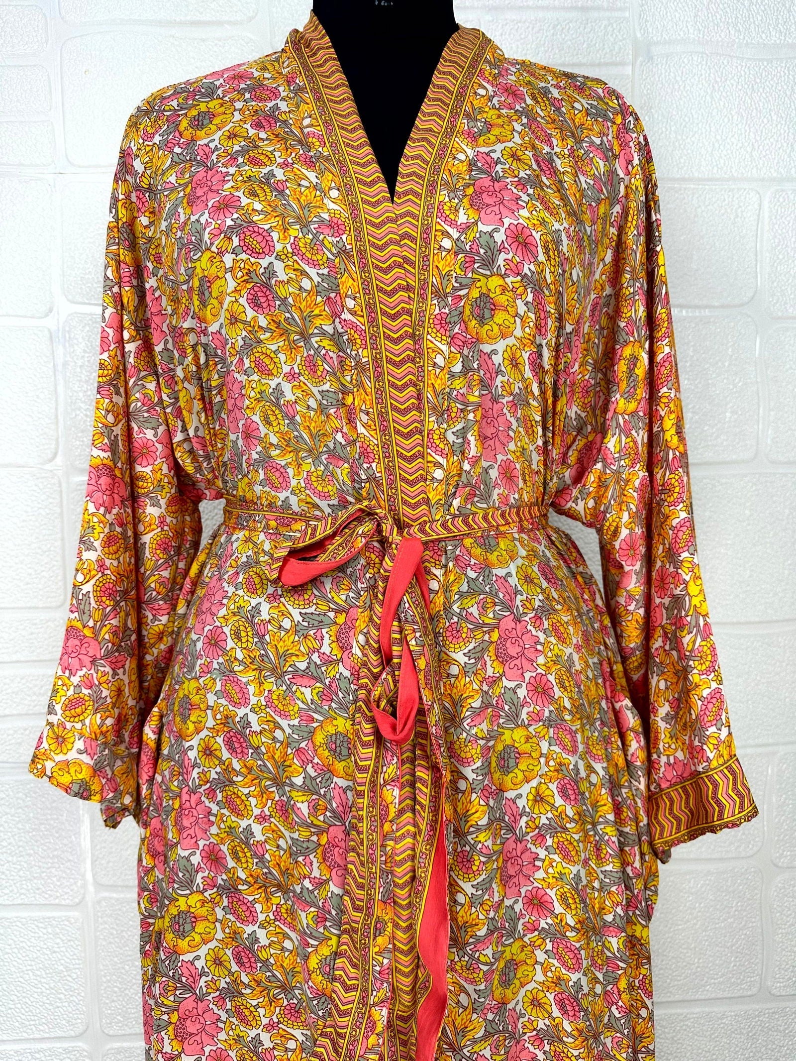Recycle Boho House Robe Kimono Vintage Silk Sari Dressing Gown, Beach Coverup, Bridesmaid, Anniversary Gift Her | Floral Print Yellow Pink