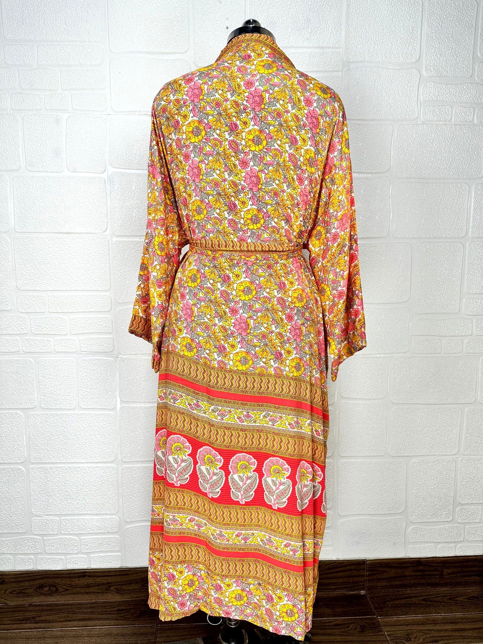 Recycle Boho House Robe Kimono Vintage Silk Sari Dressing Gown, Beach Coverup, Bridesmaid, Anniversary Gift Her | Floral Print Yellow Pink