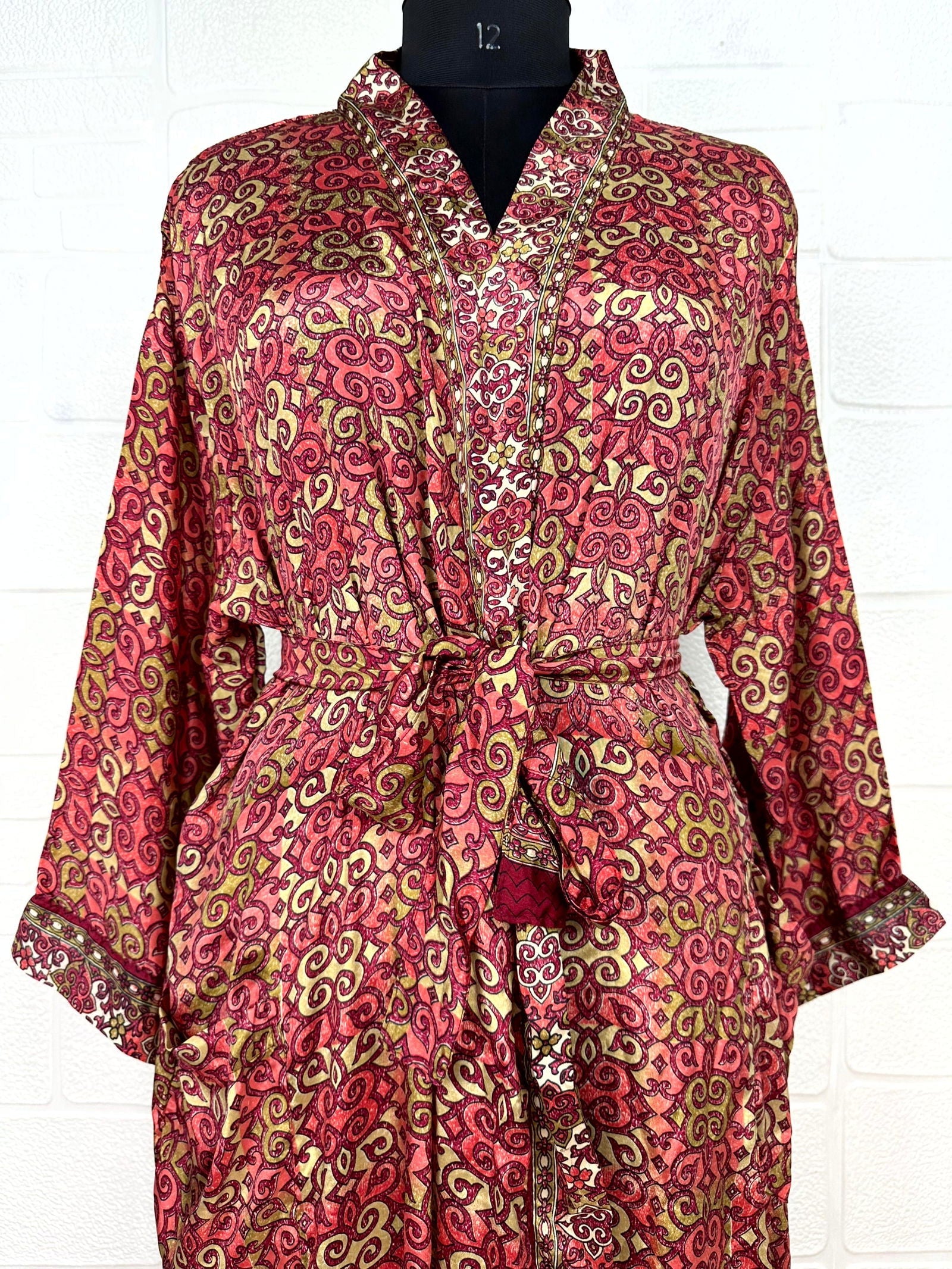 Recycle Boho House Robe Kimono Vintage Silk Sari Dressing Gown, Beach Coverup, Bridesmaid, Anniversary Gift Her | Geometric Print