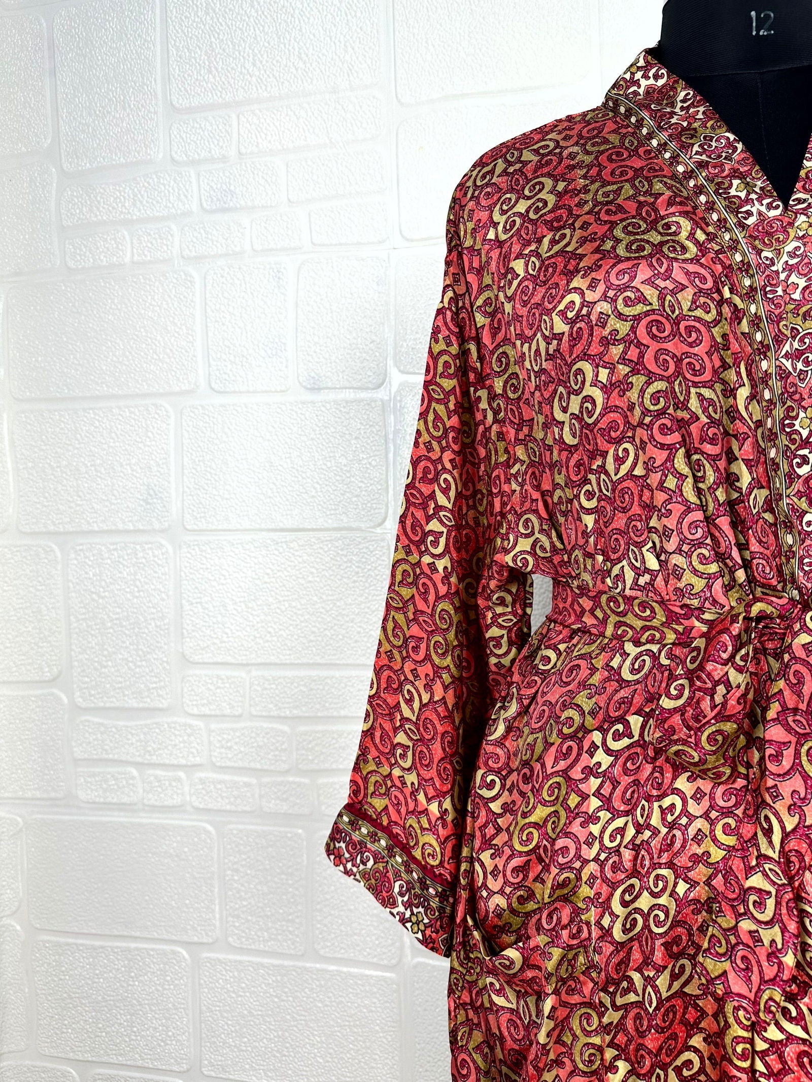 Recycle Boho House Robe Kimono Vintage Silk Sari Dressing Gown, Beach Coverup, Bridesmaid, Anniversary Gift Her | Geometric Print