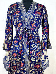 Recycle Boho House Robe Kimono Vintage Silk Sari Dressing Gown, Beach Coverup, Bridesmaid, Anniversary Gift Her | Geometric Print