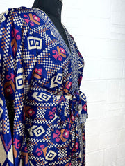 Recycle Boho House Robe Kimono Vintage Silk Sari Dressing Gown, Beach Coverup, Bridesmaid, Anniversary Gift Her | Geometric Print