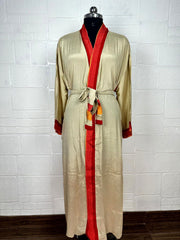 Recycle Boho House Robe Kimono Vintage Silk Sari Dressing Gown, Beach Coverup, Bridesmaid, Anniversary Gift Her | Geometric Print Beige Red