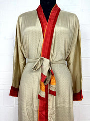 Recycle Boho House Robe Kimono Vintage Silk Sari Dressing Gown, Beach Coverup, Bridesmaid, Anniversary Gift Her | Geometric Print Beige Red