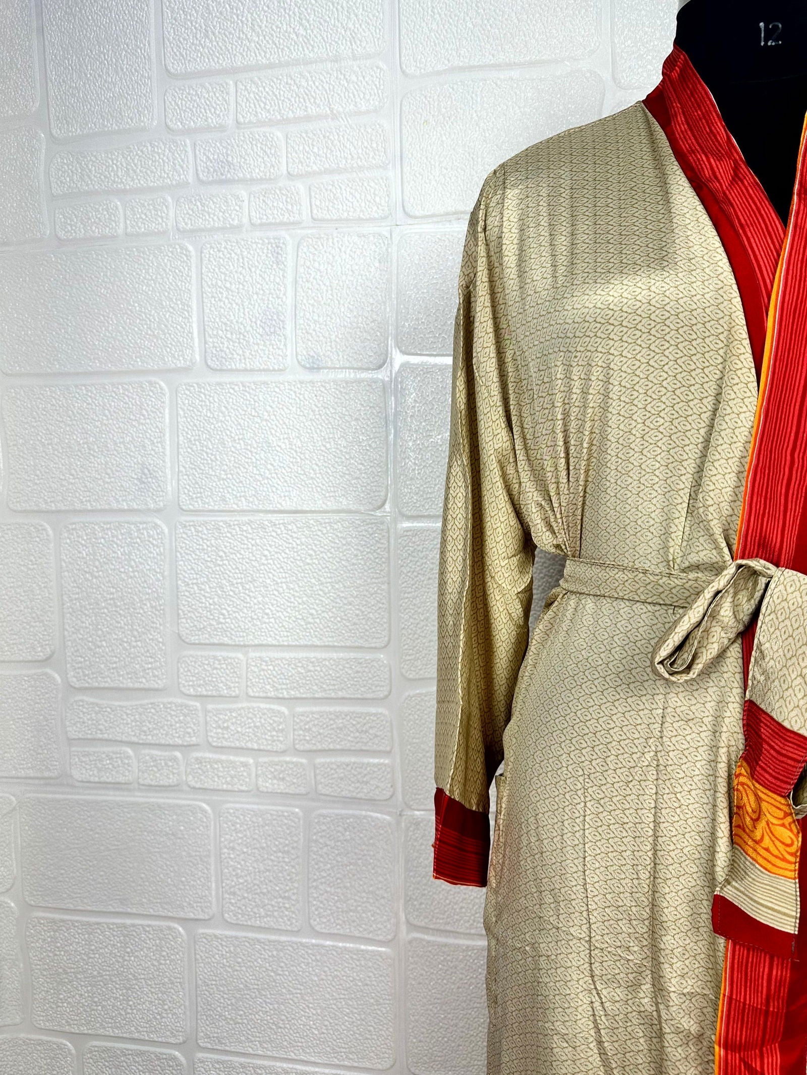 Recycle Boho House Robe Kimono Vintage Silk Sari Dressing Gown, Beach Coverup, Bridesmaid, Anniversary Gift Her | Geometric Print Beige Red