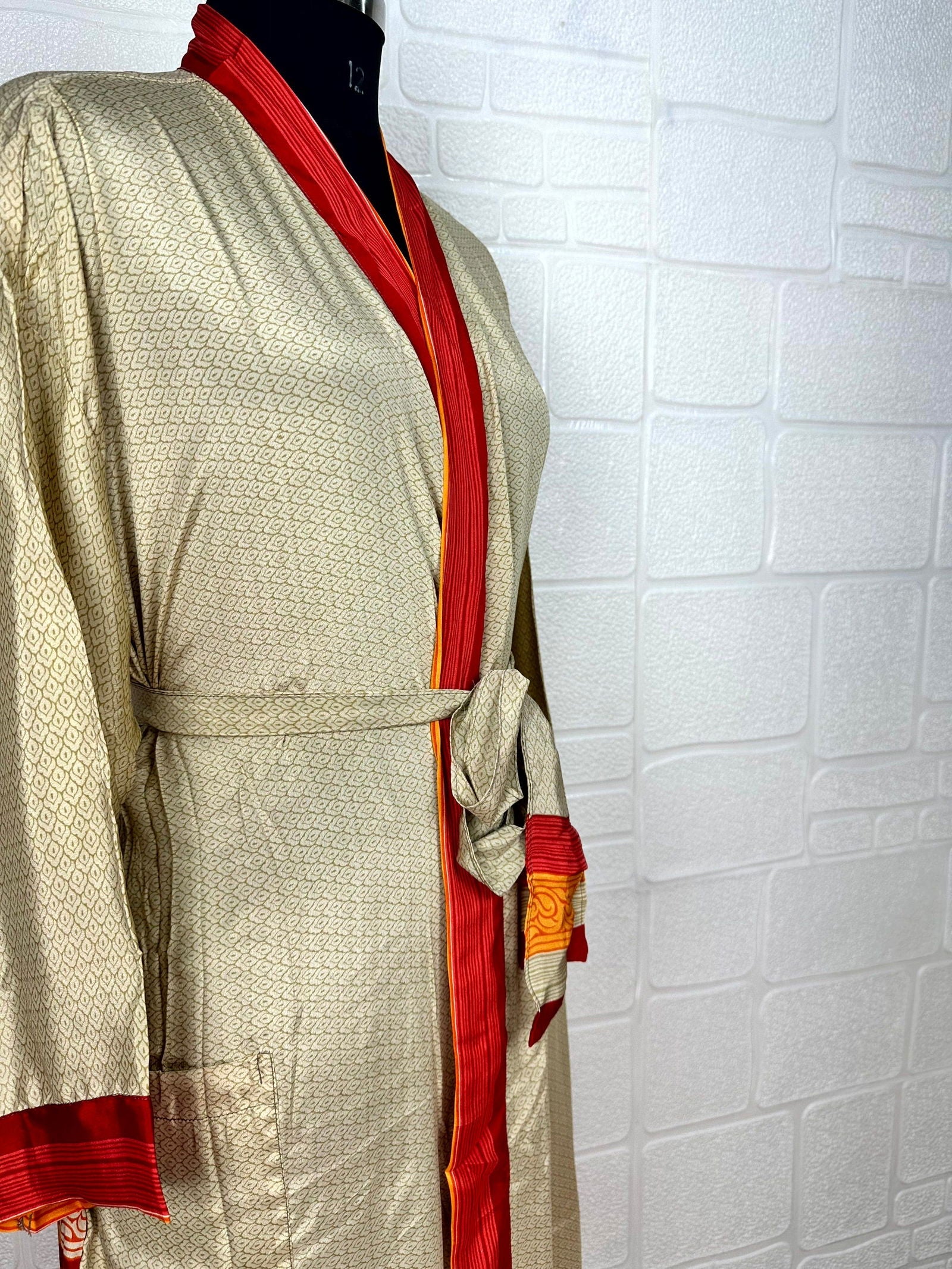 Recycle Boho House Robe Kimono Vintage Silk Sari Dressing Gown, Beach Coverup, Bridesmaid, Anniversary Gift Her | Geometric Print Beige Red