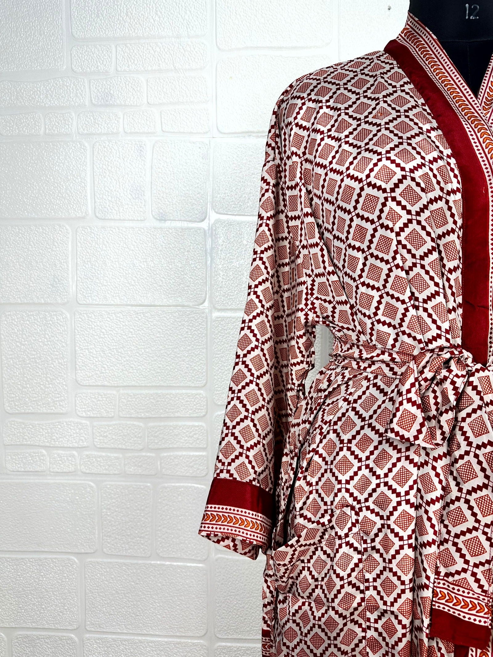 Recycle Boho House Robe Kimono Vintage Silk Sari Dressing Gown, Beach Coverup, Bridesmaid, Anniversary Gift Her | Geometric Print White Red