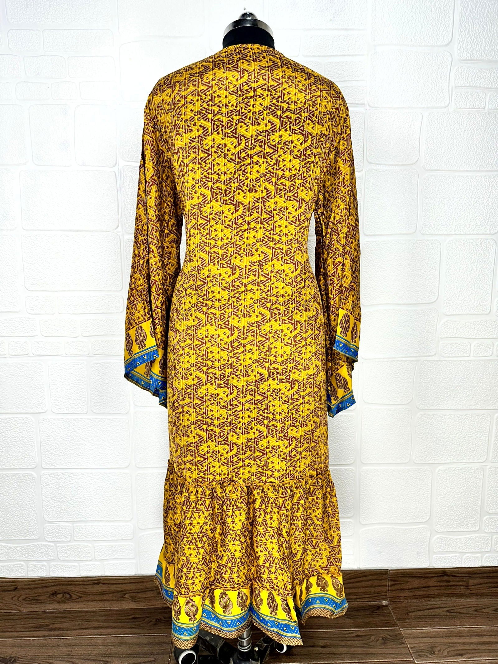 Recycle Boho House Robe Kimono Vintage Silk Sari Dressing Gown, Beach Coverup, Bridesmaid, Anniversary Gift Her | Geometric Print Yellow