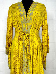 Recycle Boho House Robe Kimono Vintage Silk Sari Dressing Gown, Beach Coverup, Bridesmaid, Anniversary Gift Her | Geometric Print Yellow