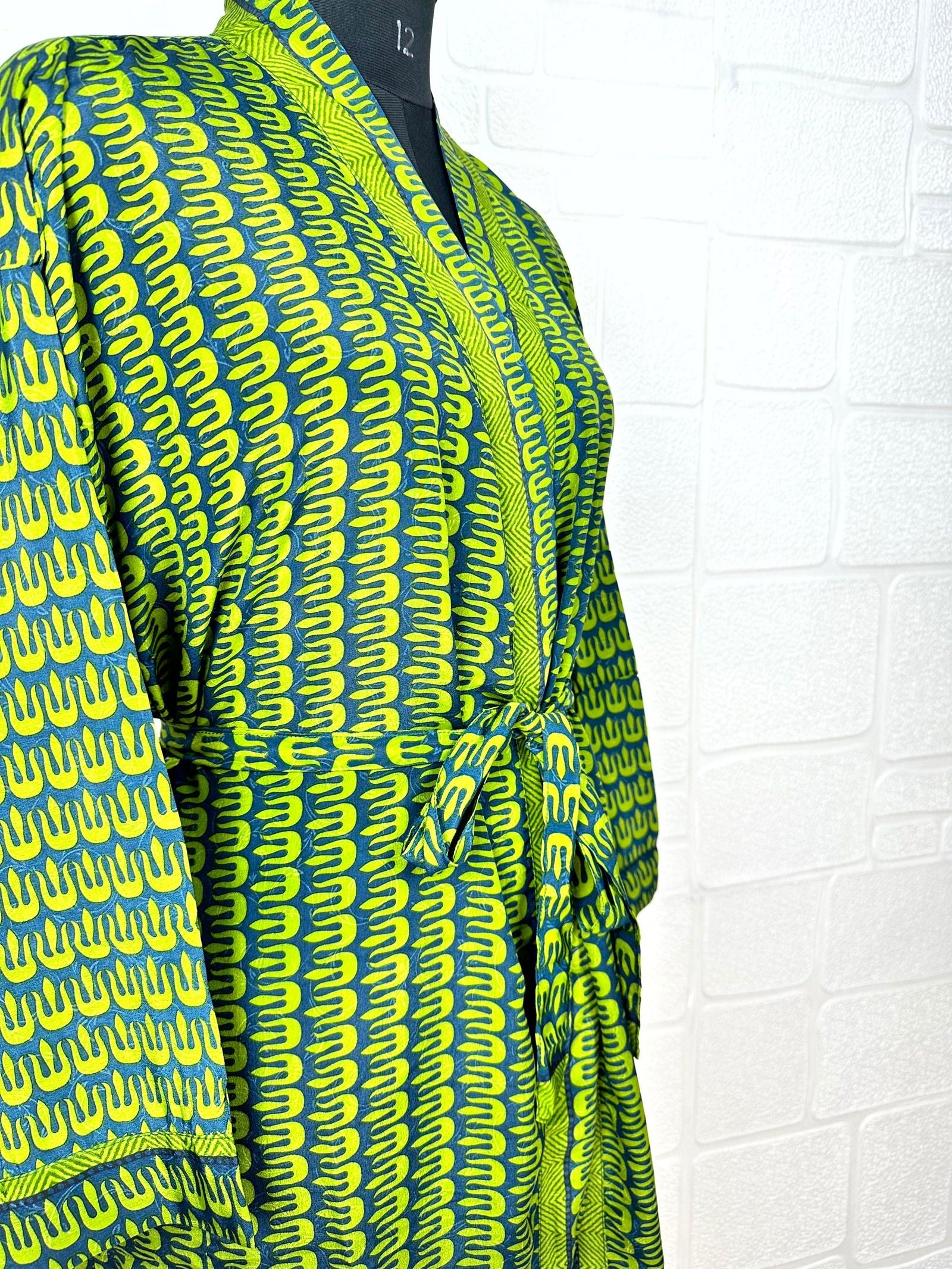 Recycle Boho House Robe Kimono Vintage Silk Sari Dressing Gown, Beach Coverup, Bridesmaid, Anniversary Gift Her | Green