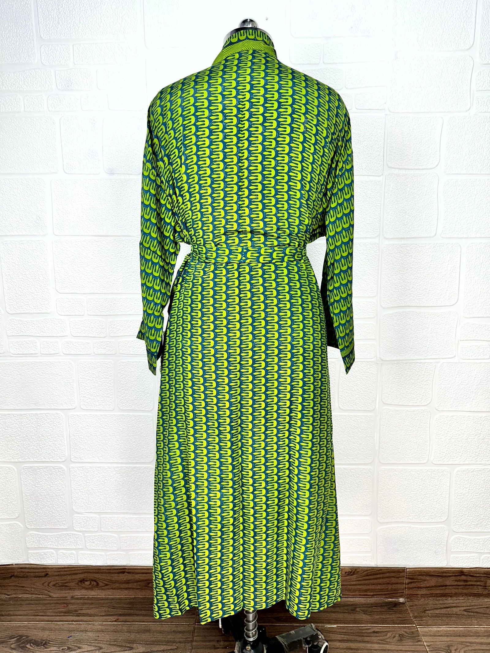 Recycle Boho House Robe Kimono Vintage Silk Sari Dressing Gown, Beach Coverup, Bridesmaid, Anniversary Gift Her | Green