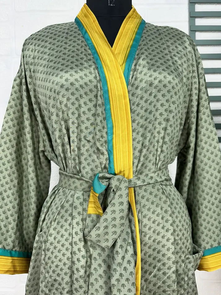 Recycle Boho House Robe Kimono Vintage Silk Sari Dressing Gown, Beach Coverup, Bridesmaid, Anniversary Gift Her | Green Yellow