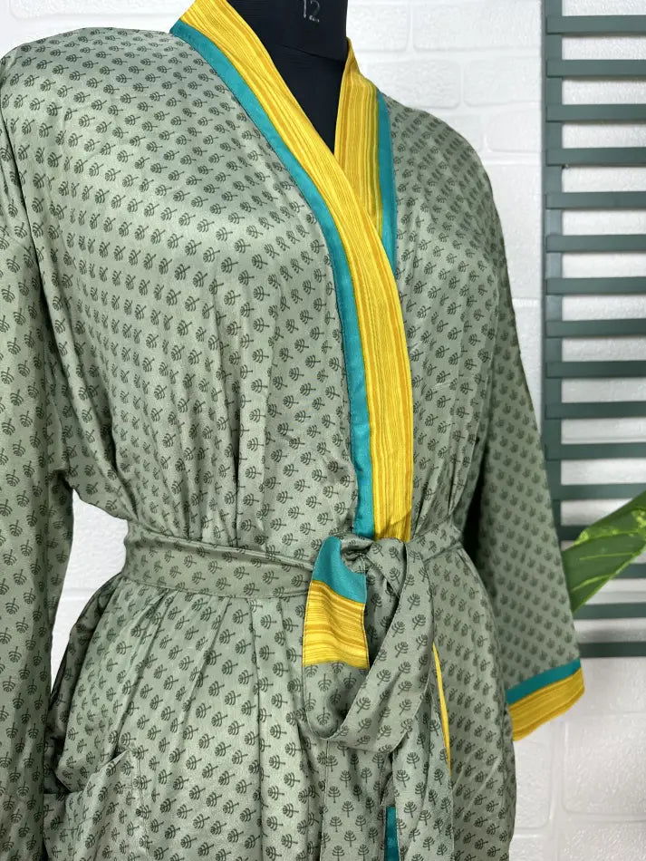 Recycle Boho House Robe Kimono Vintage Silk Sari Dressing Gown, Beach Coverup, Bridesmaid, Anniversary Gift Her | Green Yellow
