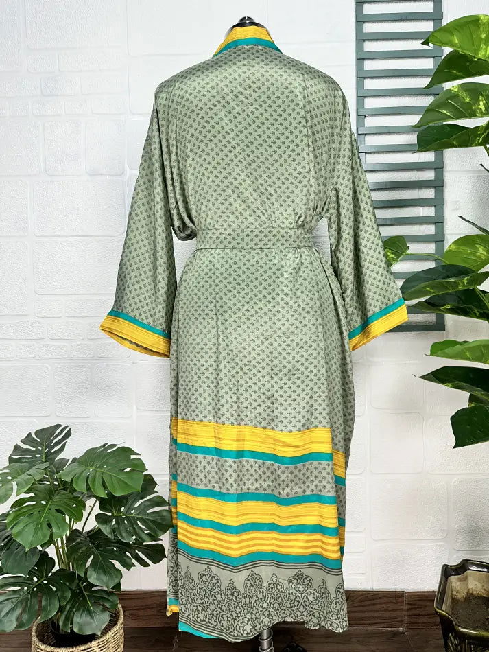 Recycle Boho House Robe Kimono Vintage Silk Sari Dressing Gown, Beach Coverup, Bridesmaid, Anniversary Gift Her | Green Yellow