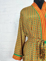 Recycle Boho House Robe Kimono Vintage Silk Sari Dressing Gown, Beach Coverup, Bridesmaid, Anniversary Gift Her | Green Yellow