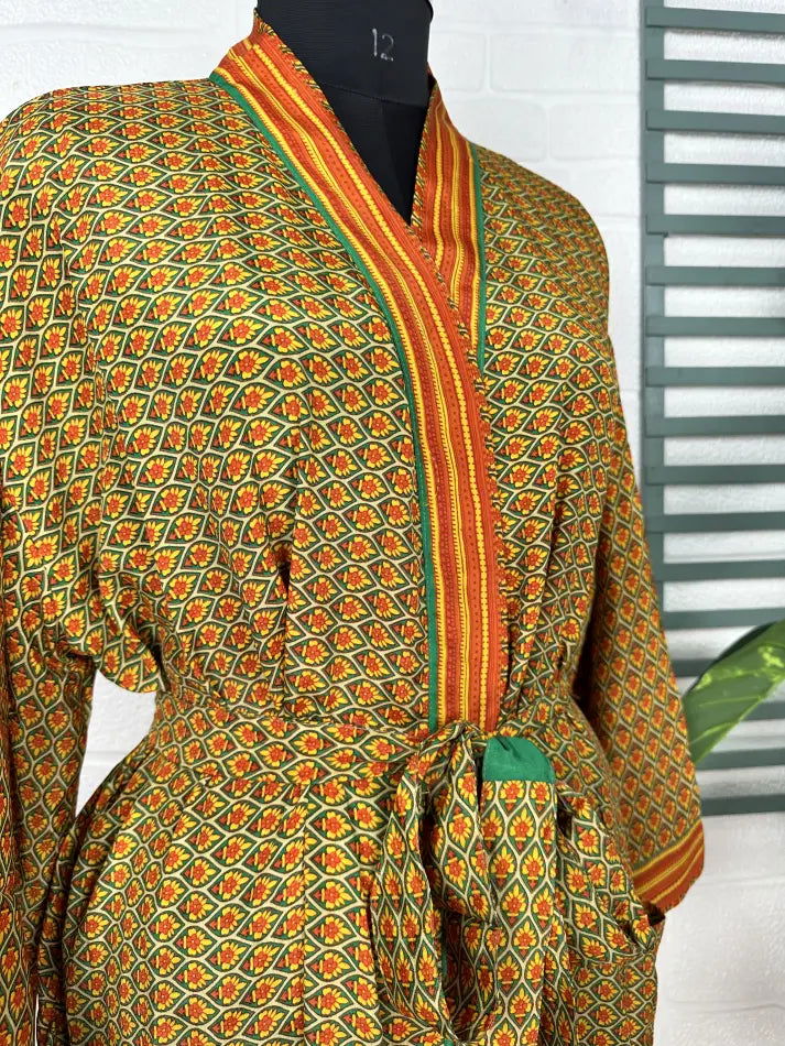 Recycle Boho House Robe Kimono Vintage Silk Sari Dressing Gown, Beach Coverup, Bridesmaid, Anniversary Gift Her | Green Yellow
