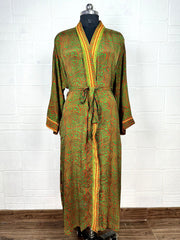 Recycle Boho House Robe Kimono Vintage Silk Sari Dressing Gown, Beach Coverup, Bridesmaid, Anniversary Gift Her | Leaf Print