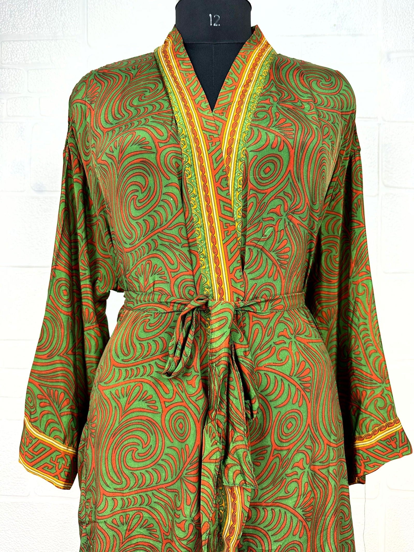 Recycle Boho House Robe Kimono Vintage Silk Sari Dressing Gown, Beach Coverup, Bridesmaid, Anniversary Gift Her | Leaf Print