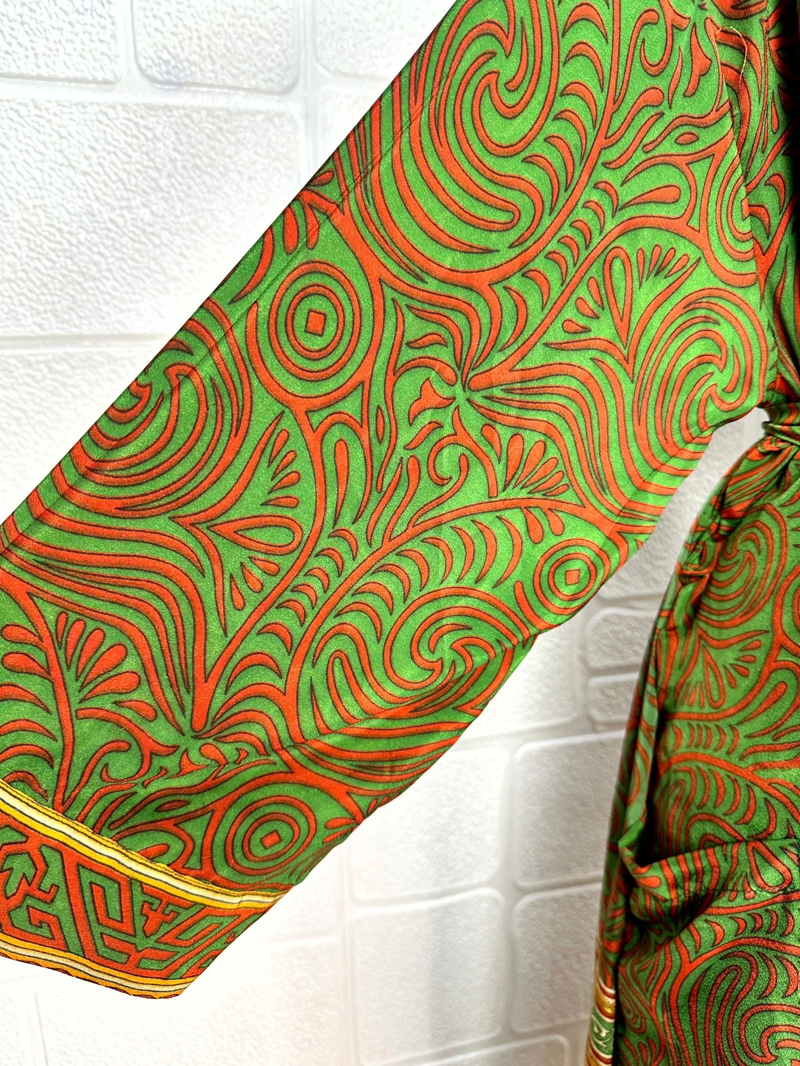 Recycle Boho House Robe Kimono Vintage Silk Sari Dressing Gown, Beach Coverup, Bridesmaid, Anniversary Gift Her | Leaf Print