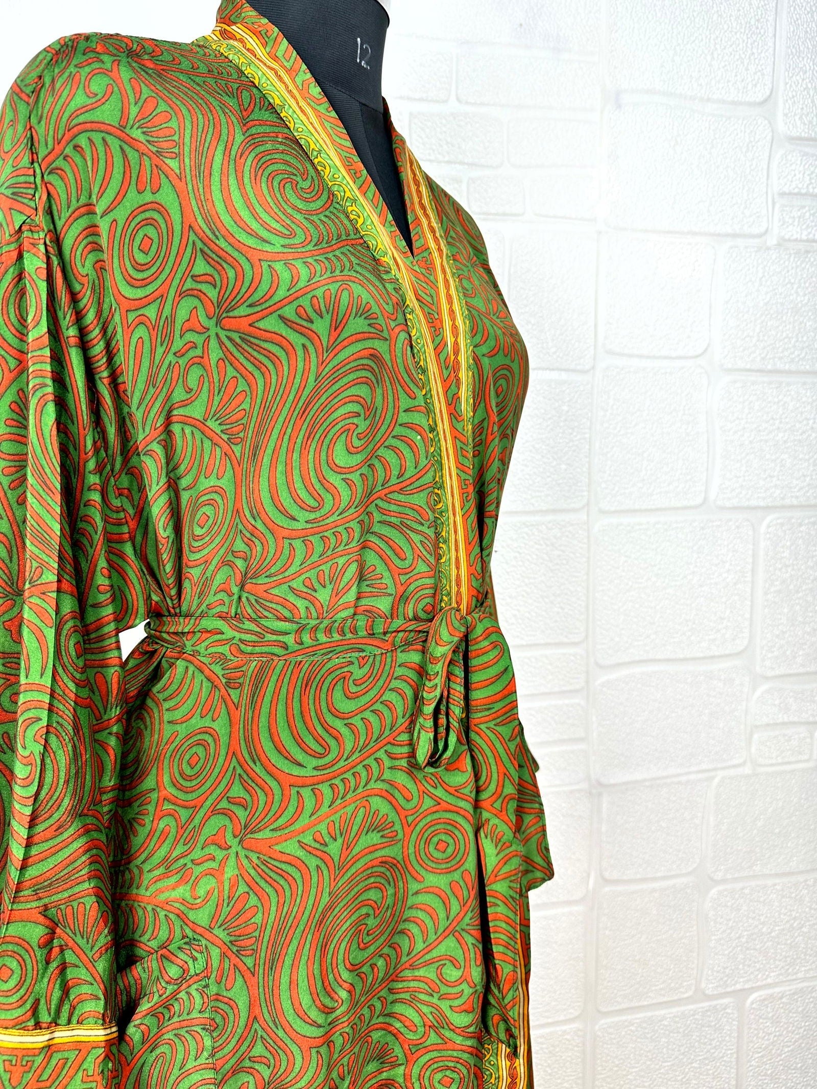 Recycle Boho House Robe Kimono Vintage Silk Sari Dressing Gown, Beach Coverup, Bridesmaid, Anniversary Gift Her | Leaf Print