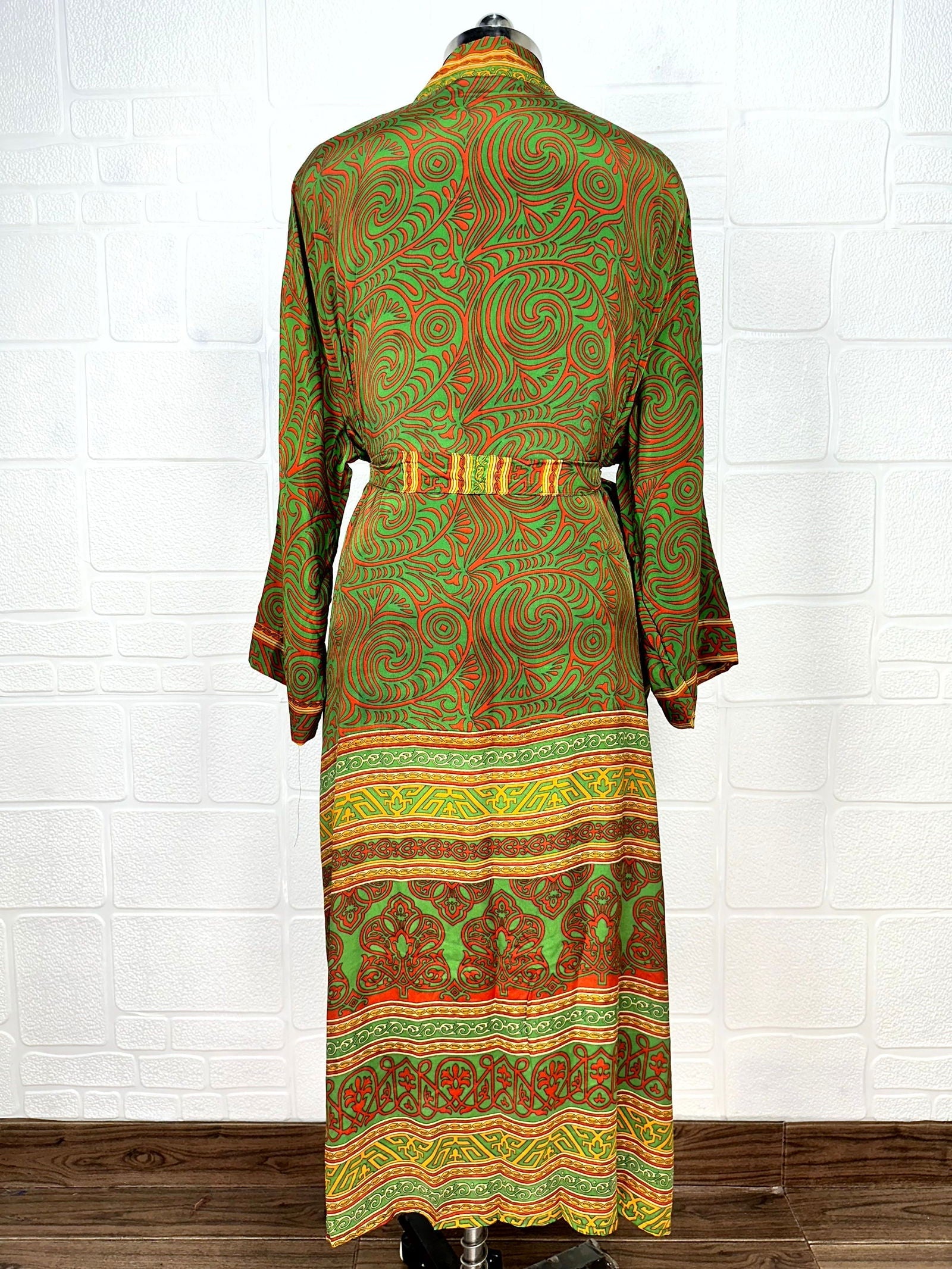 Recycle Boho House Robe Kimono Vintage Silk Sari Dressing Gown, Beach Coverup, Bridesmaid, Anniversary Gift Her | Leaf Print