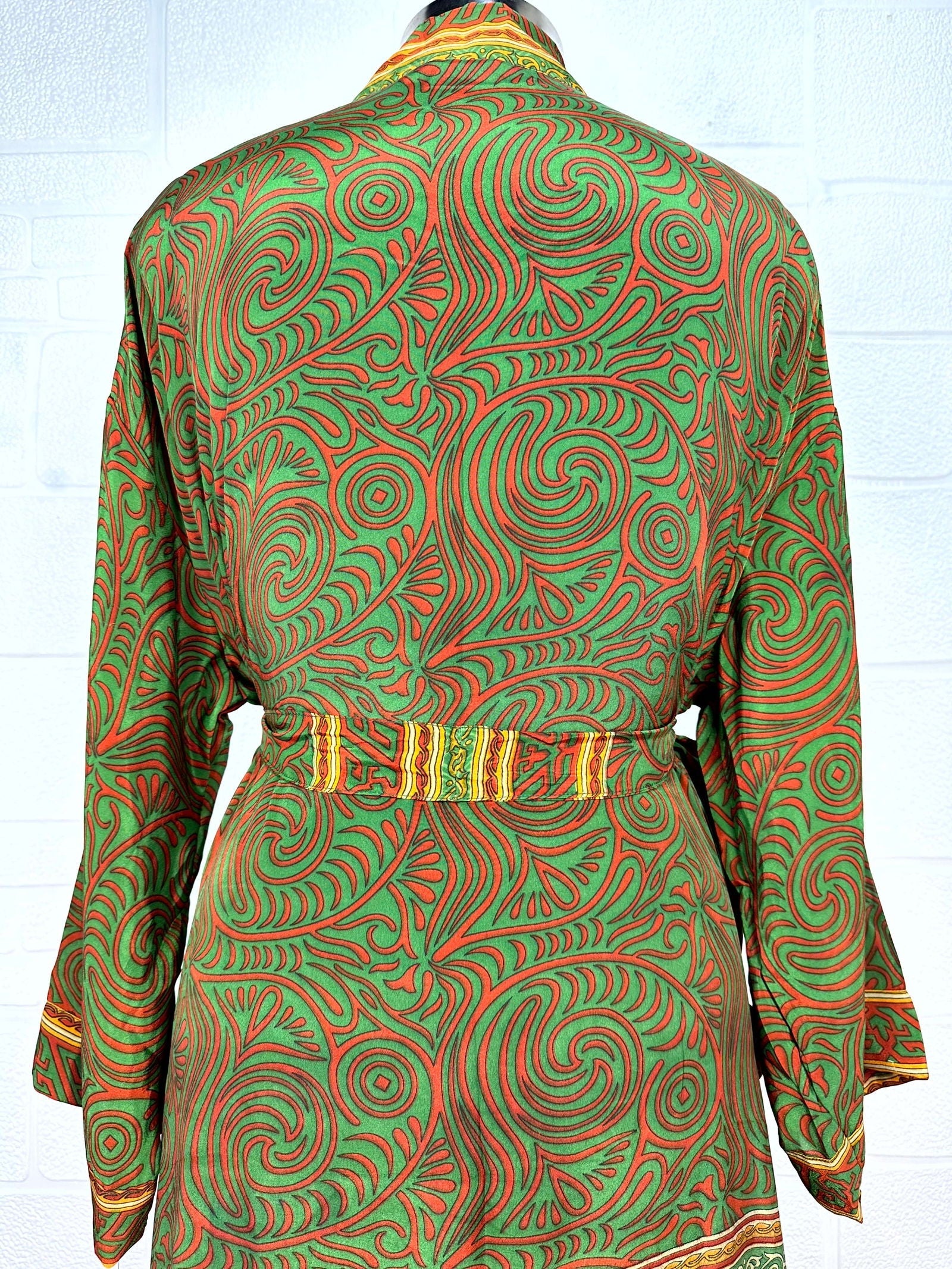 Recycle Boho House Robe Kimono Vintage Silk Sari Dressing Gown, Beach Coverup, Bridesmaid, Anniversary Gift Her | Leaf Print