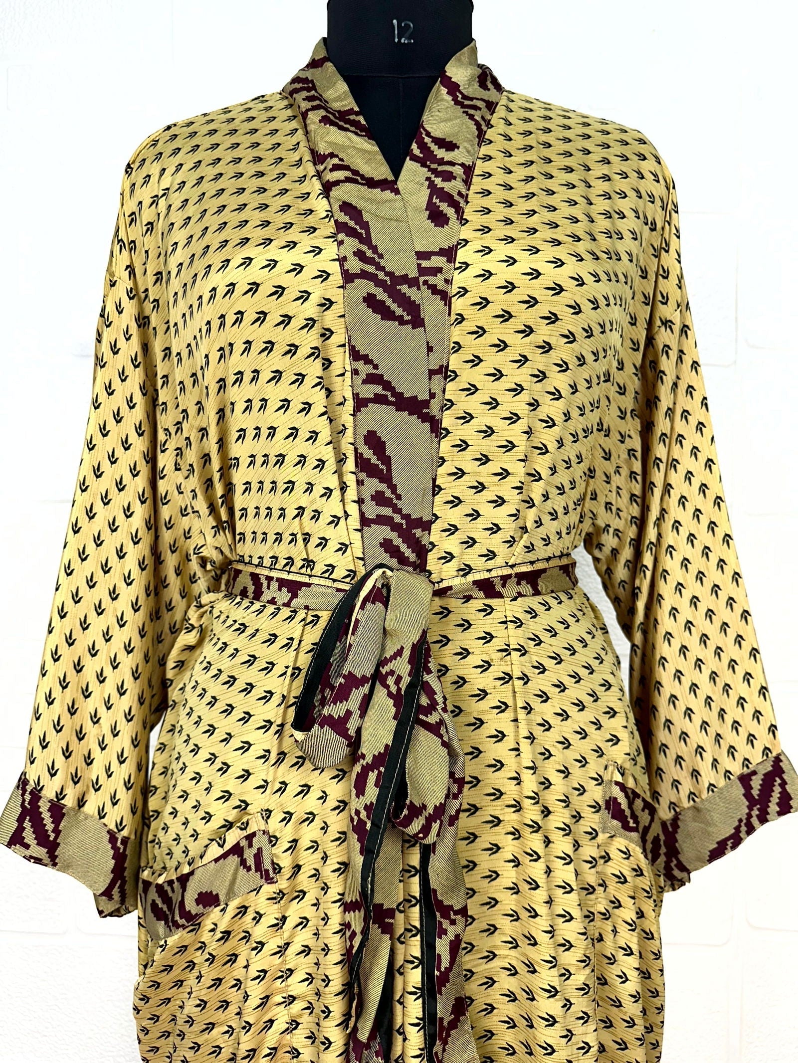 Recycle Boho House Robe Kimono Vintage Silk Sari Dressing Gown, Beach Coverup, Bridesmaid, Anniversary Gift Her | Leaf Print