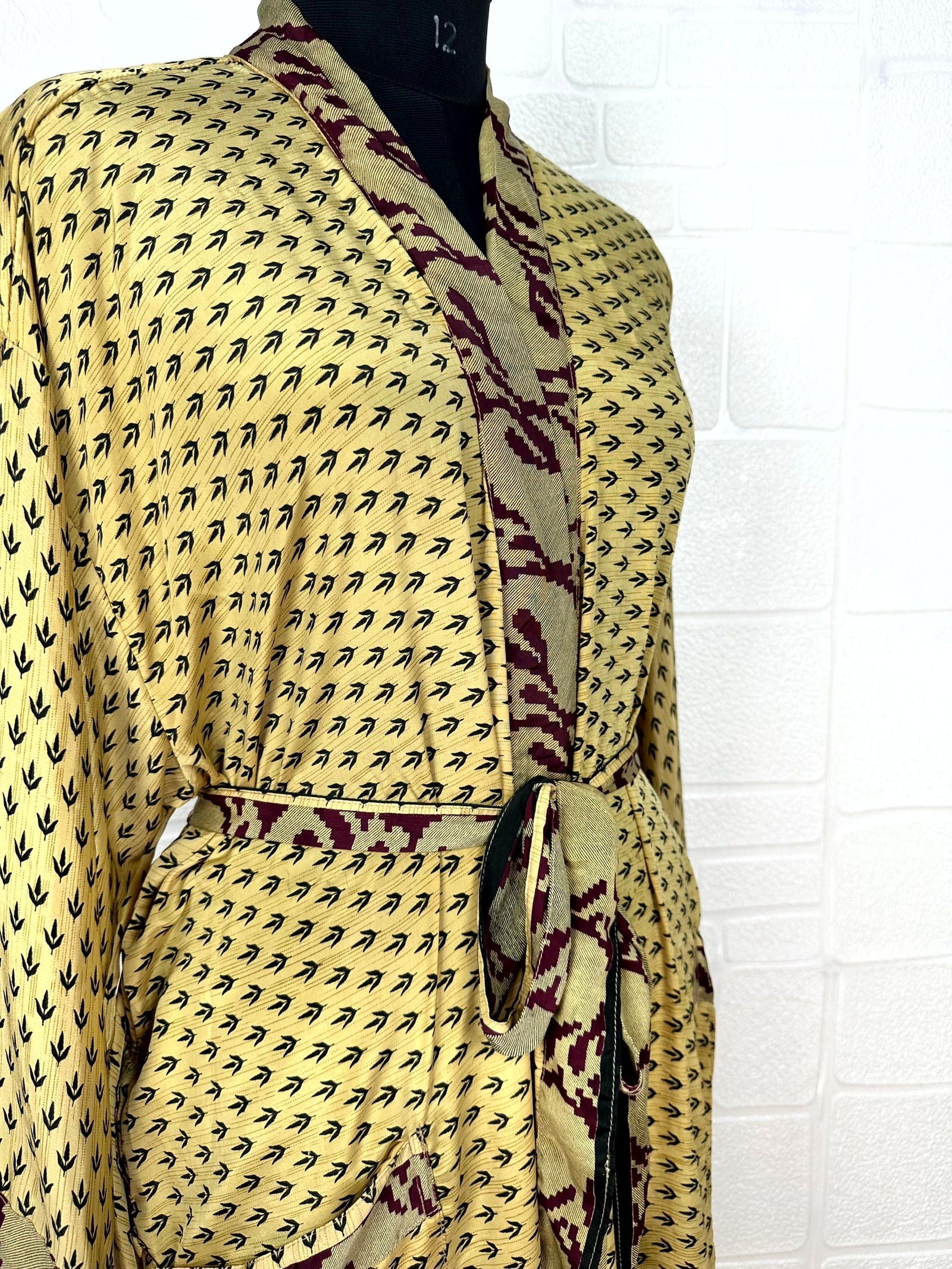 Recycle Boho House Robe Kimono Vintage Silk Sari Dressing Gown, Beach Coverup, Bridesmaid, Anniversary Gift Her | Leaf Print