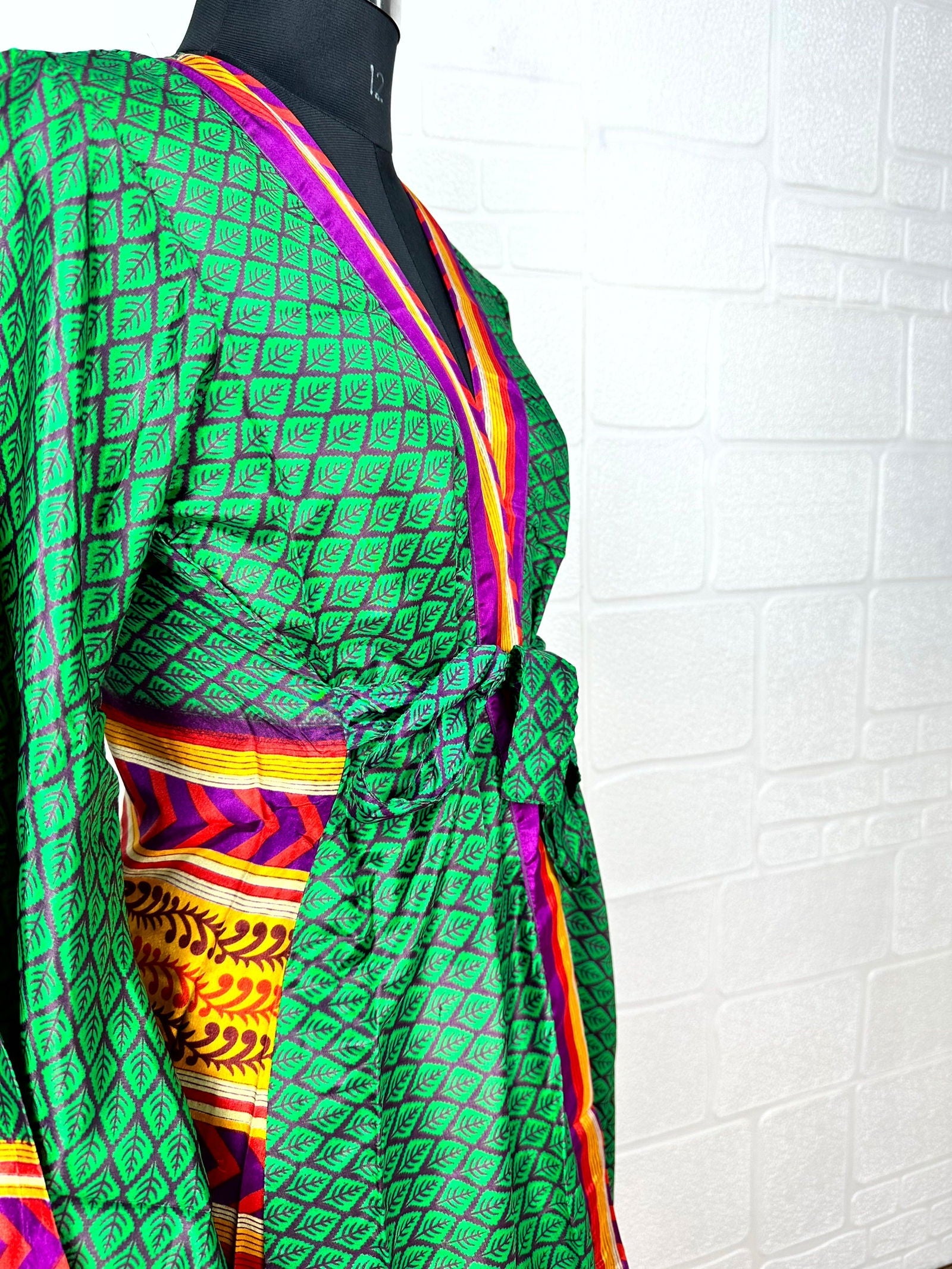 Recycle Boho House Robe Kimono Vintage Silk Sari Dressing Gown, Beach Coverup, Bridesmaid, Anniversary Gift Her | Leaf Print