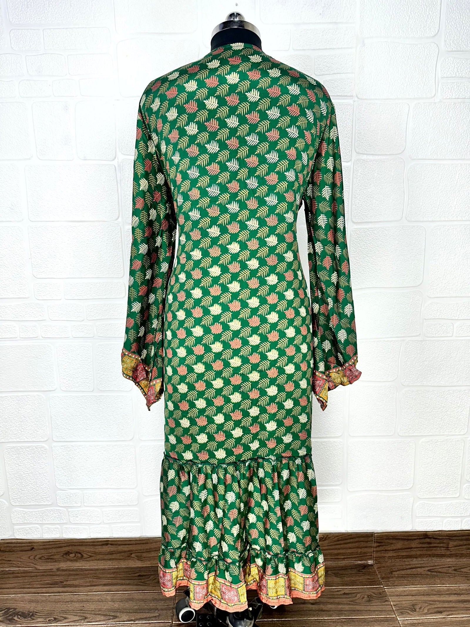 Recycle Boho House Robe Kimono Vintage Silk Sari Dressing Gown, Beach Coverup, Bridesmaid, Anniversary Gift Her | Leaf Print Green